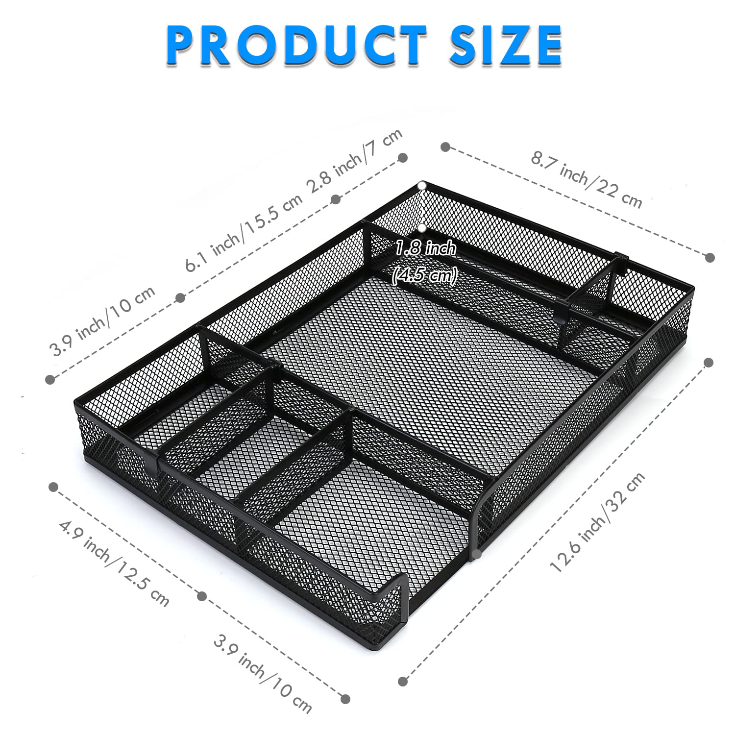 Vassoio organizer da scrivania con scomparti regolabili, 6 cassetti in rete metallica a griglia, set multiuso per ufficio, casa, materiale scolastico, 31 x 22 x 3 cm