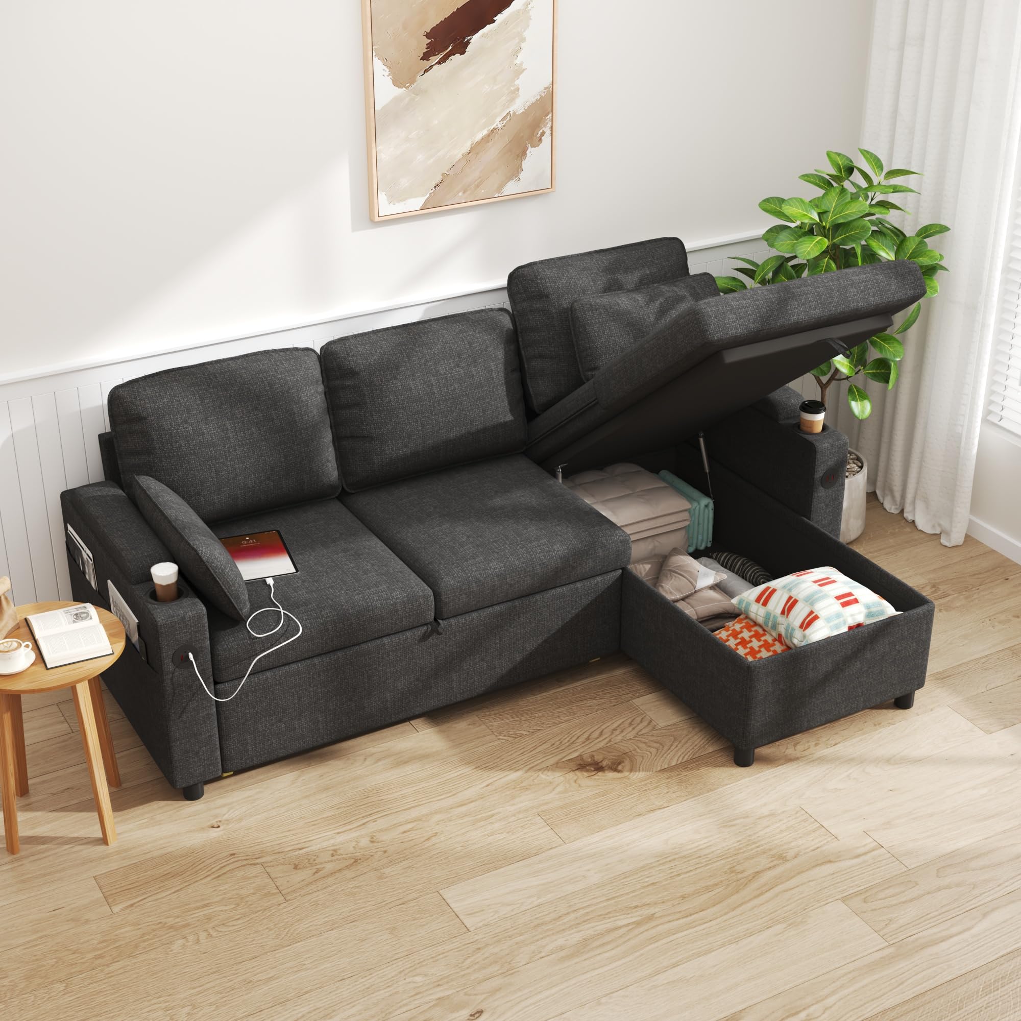DURASPACE Schlafsofa Ausziehbar 2 in 1 Sektional Couches Schlafcouch mit Lagerung, USB, Getränkehalter, Schlaffunktion und Bettkasten Ecksofa Stauraum für Wohnung Wohnzimmer (Dunkelgrau)