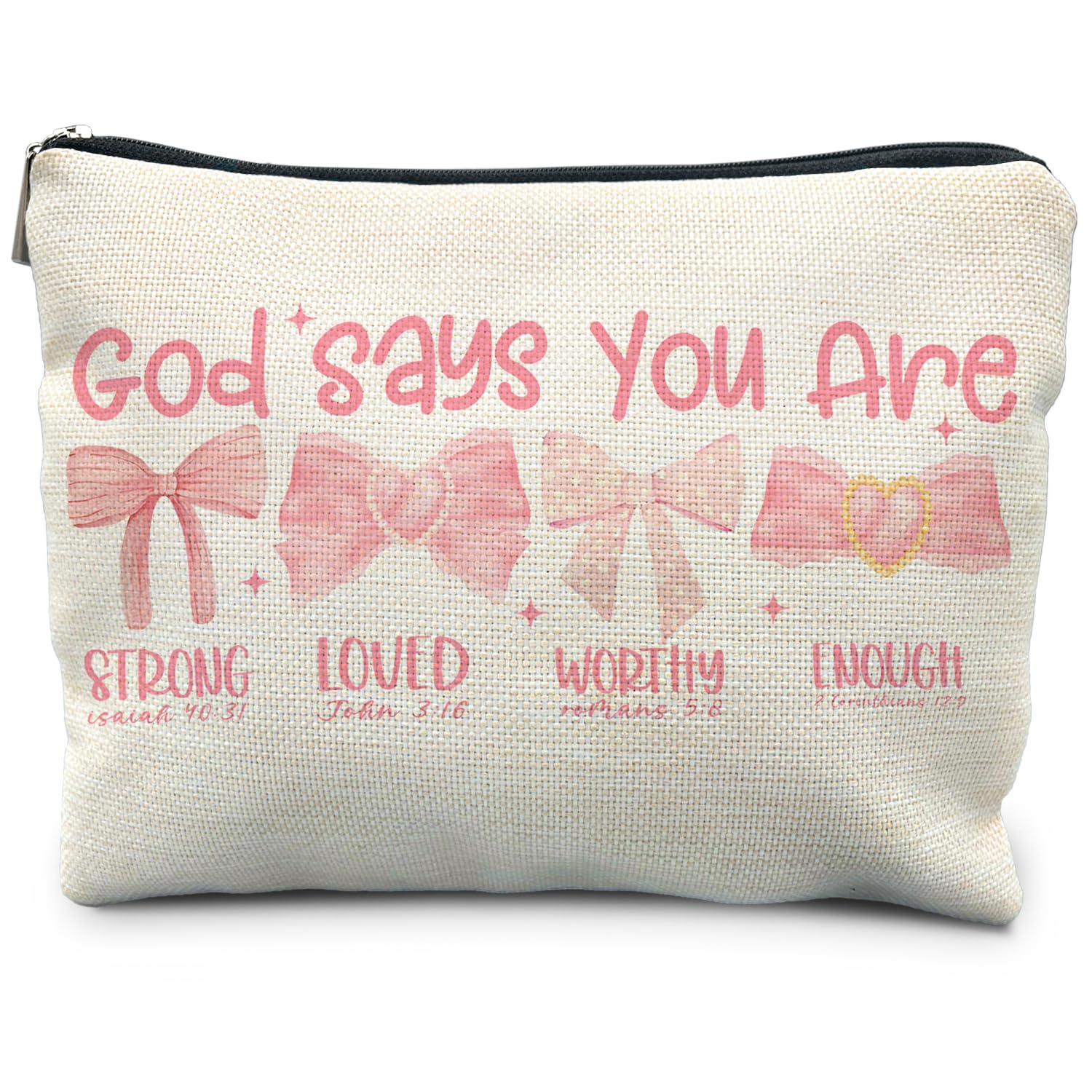 Bow Makeup Bag - God Says You Are Strong, God Gift for Women, Encouragement Gift for Teen Girls, Pink Bows Bible Verse Scripture Christian Makeup Bag