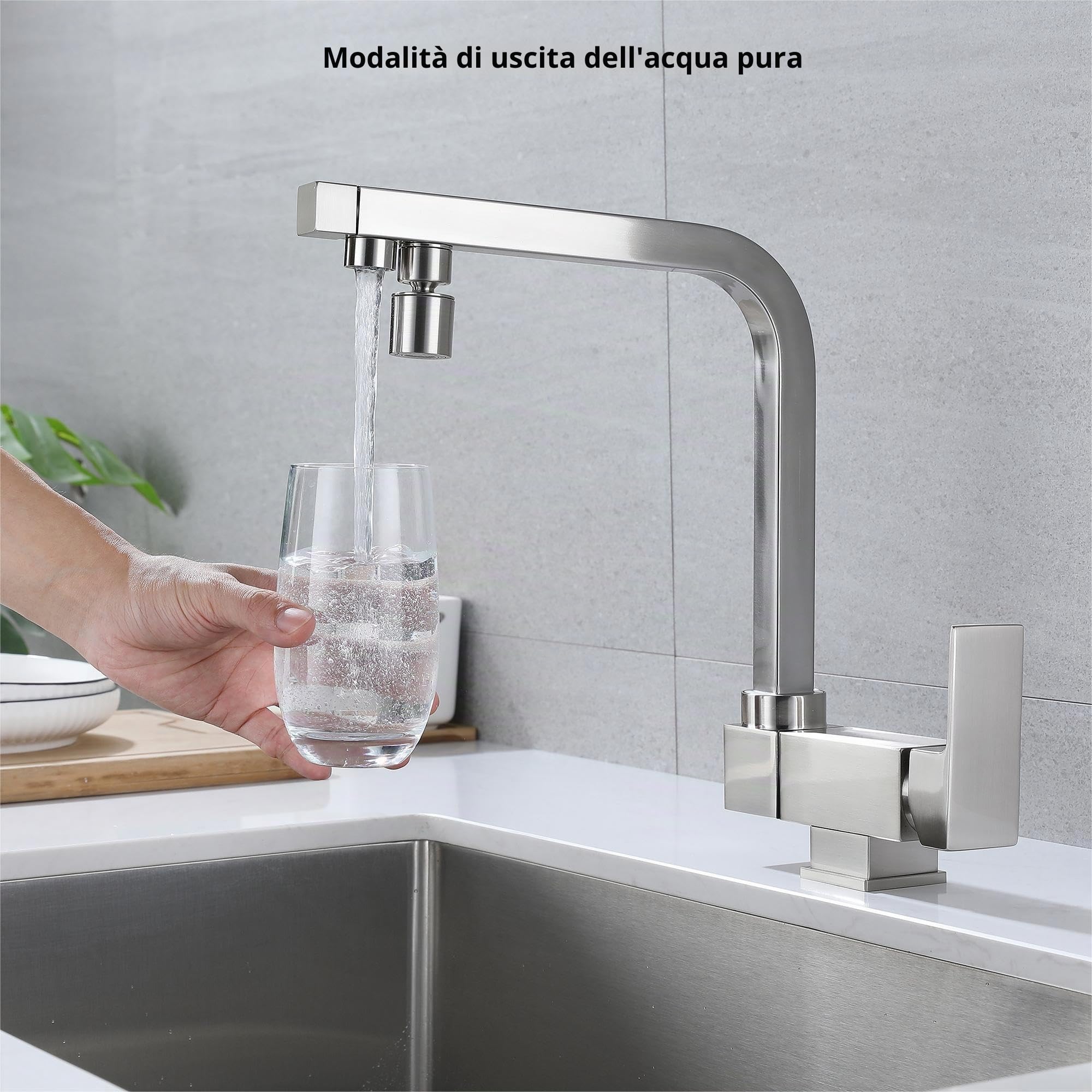 Rubinetto Sottofinestra 3 vie per depuratore, sottofinestra a tre vie, cucina pieghevole, ottone, rubinetto cucina pieghevole (Nichel spazzolato/satinato)