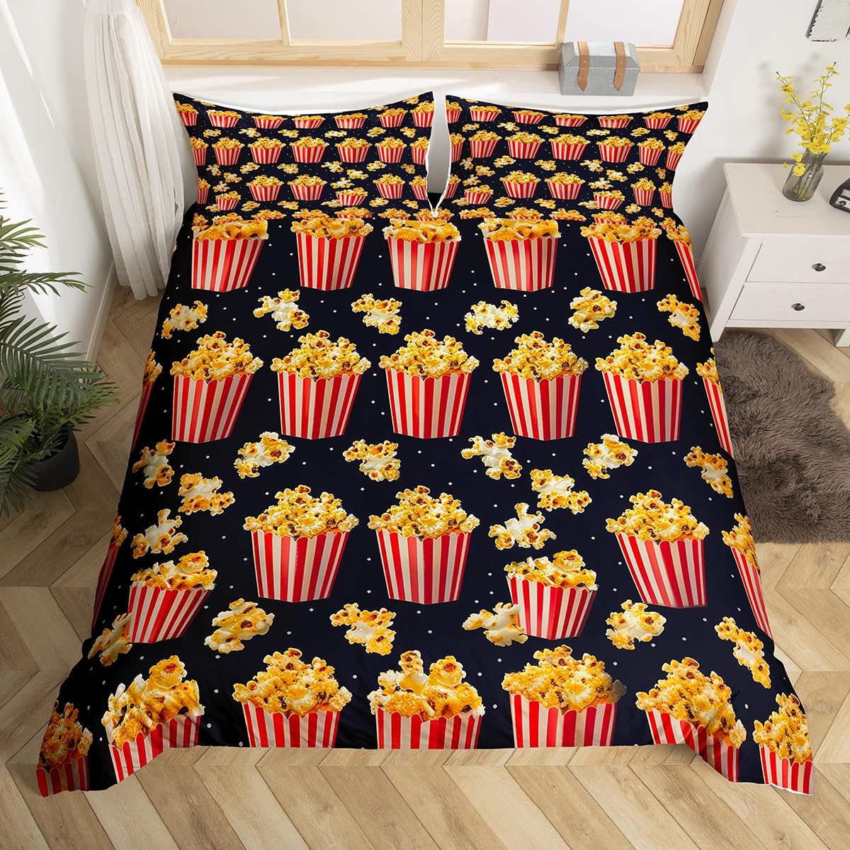 Homewish Popcorn King Size poszewka na kołdrę czerwony żółty zestaw pościeli kreskówka słodkie śmieszne jedzenie poszewka na kołdrę dla dzieci chłopców dziewcząt dorosłych kreskówka zestawy łóżek