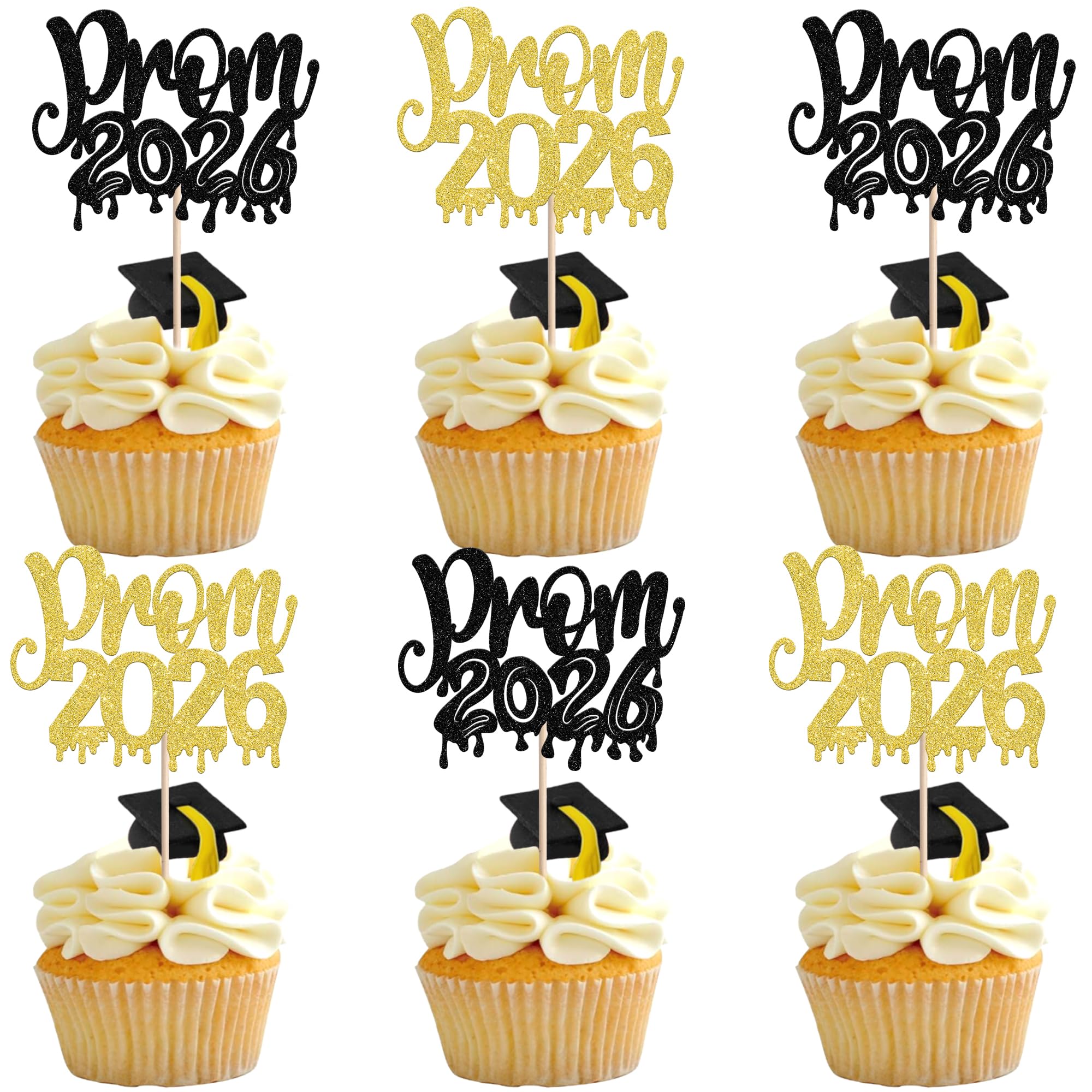 Xsstarmi 24 Pack Prom 2026 Cupcake Toppers Glitter Class of 2026 Congrats Grad Cupcake Picks for 2026 Graduation Prom Party Cake Decorations Supplies Black Gold