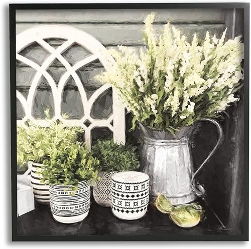 Stupell Industries Country Corner Still-Life Cottage Florals in Tarros, arte para pared, 17 x 17, marco negro