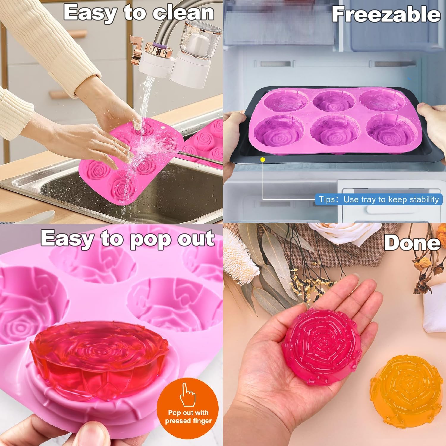 Silicone Rose Mold, 2 PCS 6 Cavity Silicone Flowers Shaped Ice Cube Mold, Food Grade Silicone BPA Free Soap Mold, Candy Molds Perfect for Soap, Ice, Mousse, Cake, Jelly, Chocolate Making, Pink
