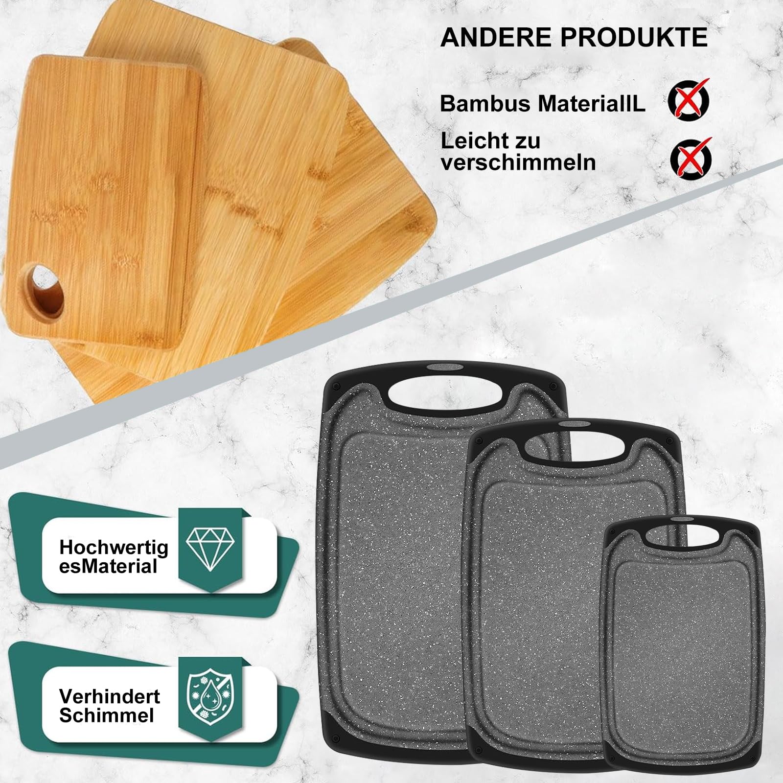 tabla de cortar para cocina, juego de 3 tablas de cortar de plástico, con canal para recoger jugos y diseño antiderrame + orificios para y guardar. negro.