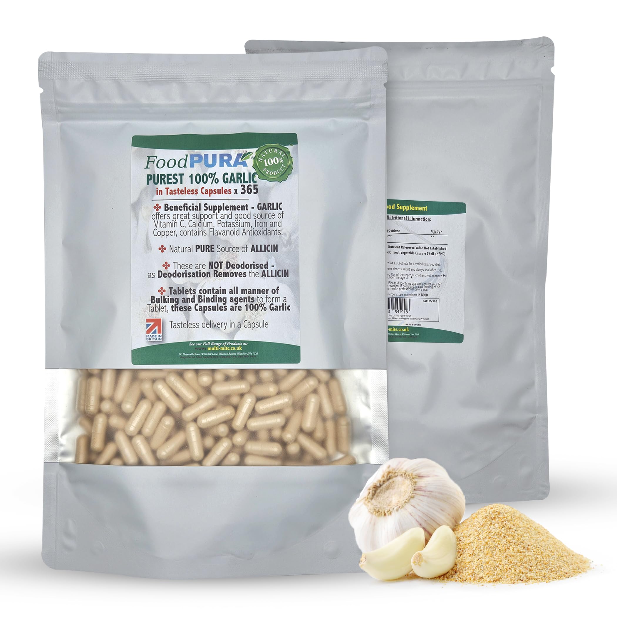 365 X Pure Garlic Capsules Recommended Daily Strength 1000mg - Capsules are The SAFEST Way to take Any Supplement! HACCP Certified, Manufactured in The UK.