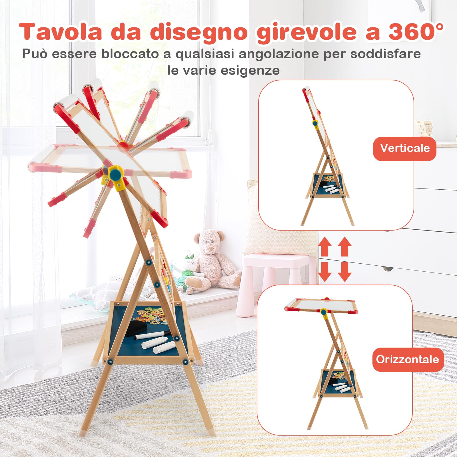 RELAX4LIFE Cavalletto d’Arte per Bambini, Cavalletto in Legno Bifacciale Regolabile con Lavagna Magnetica e Classica, Lettere Magnetiche, Lavagna da Disegno in Piedi per Bambini e Bambine