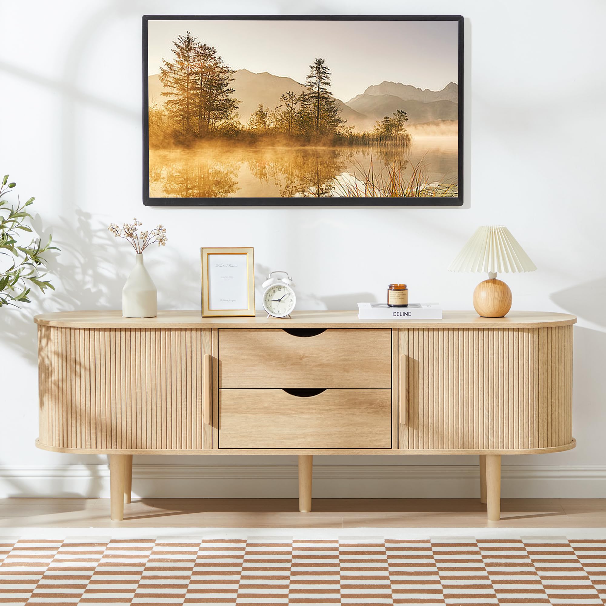 QEIUZON TV Stand, Media Console Table with Sliding Door and 2 Drawers, Modern Entertainment Center with Storage for Living Room, Bedroom, Home Office