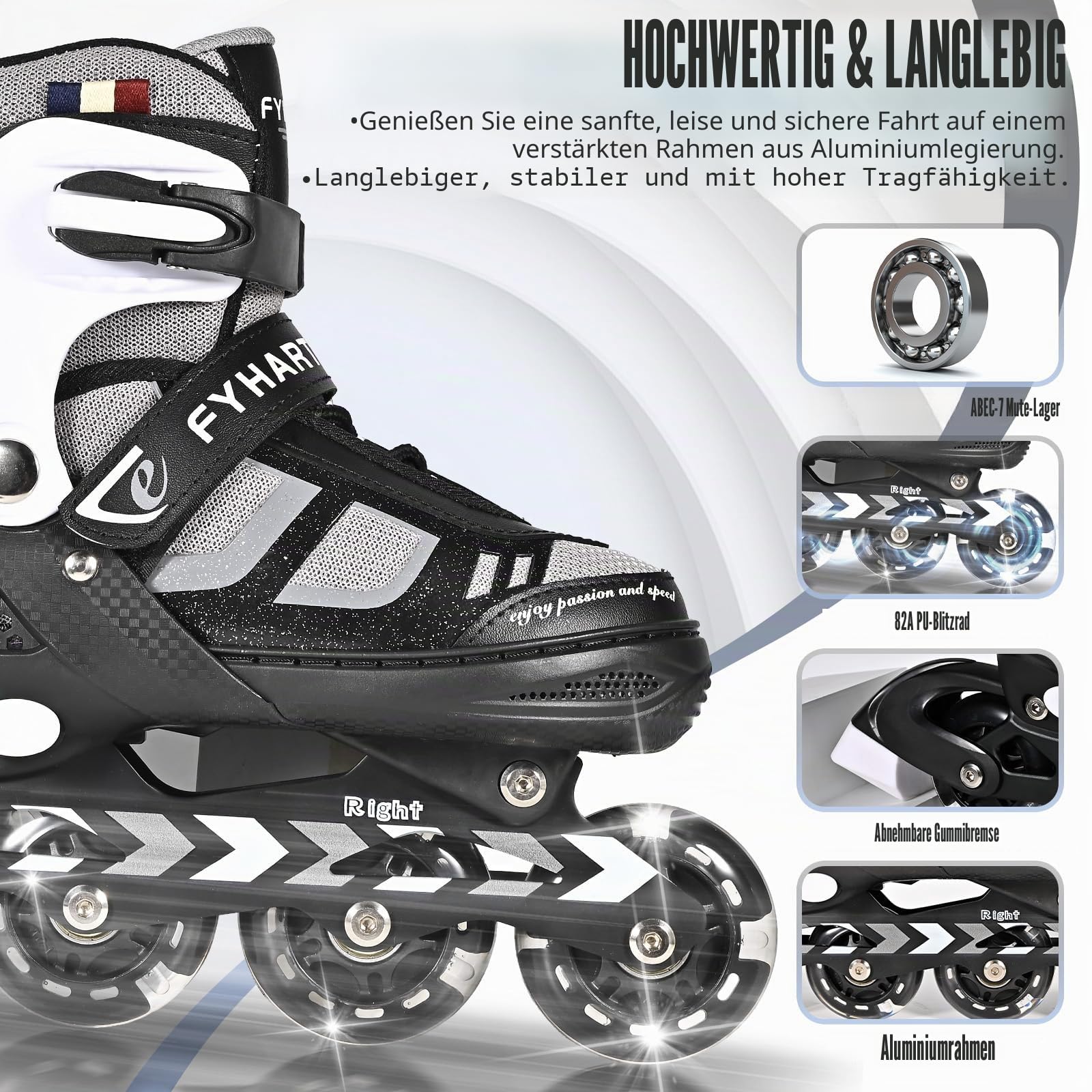 Einstellbare Kinder Inline Skates für Jungen Mädchen, 4-Rollen Inline Skates für Jugendliche & Erwachsene mit leuchtenden Rädern für drinnen draußen Sport Freizeit, Schwarz Weiß