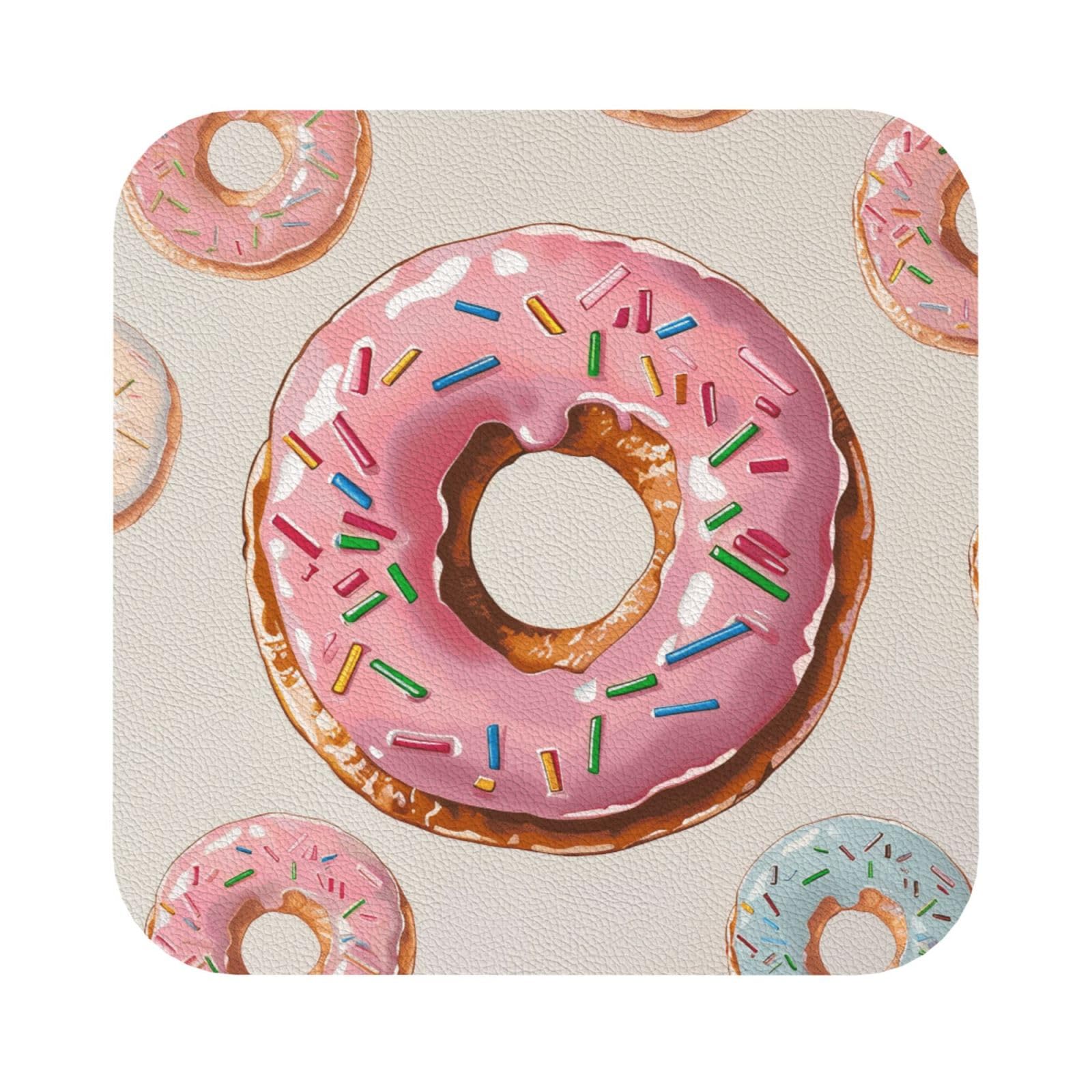 Donut Print Leather Coaster Set of 6, Square Coasters Table Decorative Coffee Cup Beverage Coasters Wine Beer Bar Coasters for Hot Drinks Table Protection