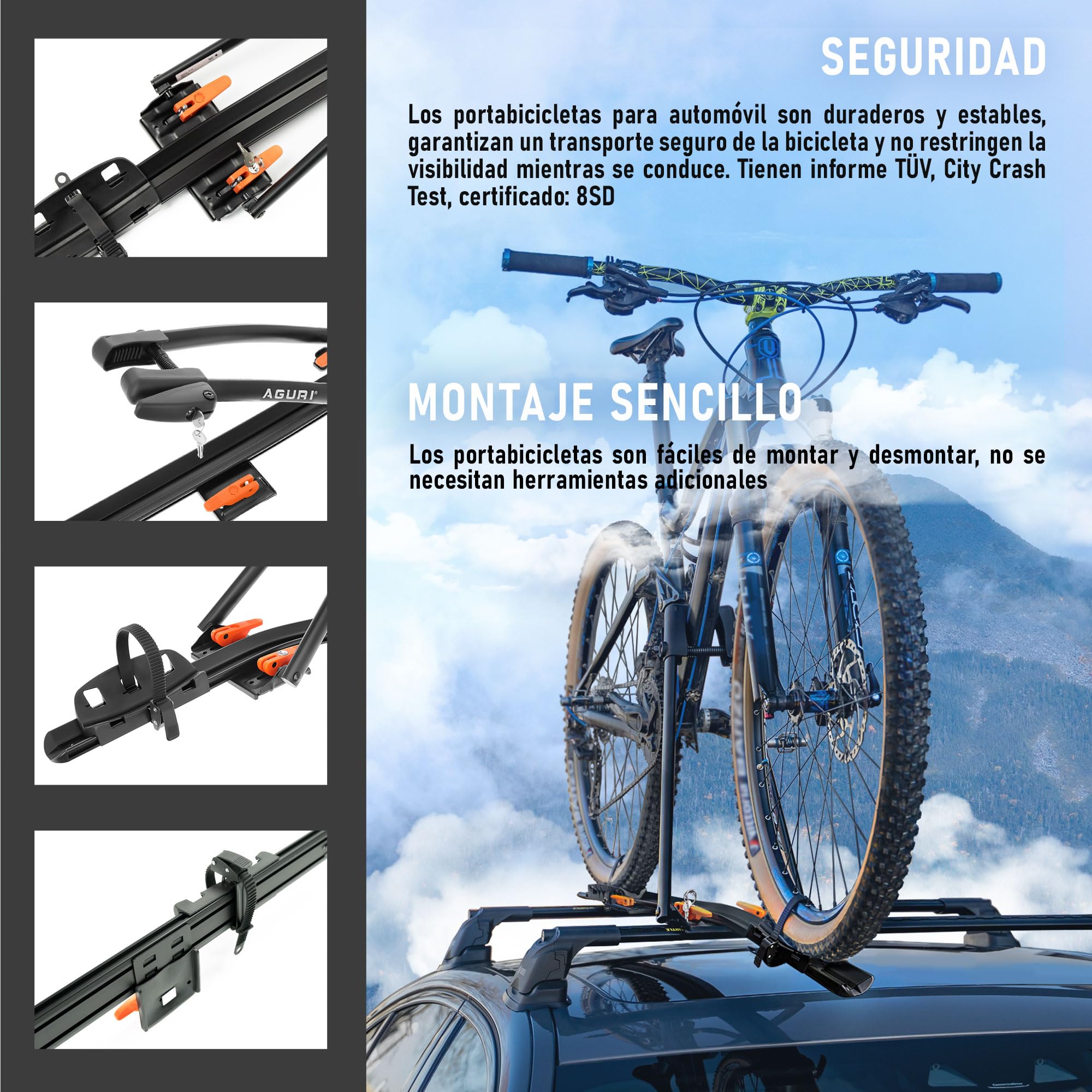 AGURI ACUDA III | Portabicicletas de Techo, Soporte Universal para Bicicletas en el Techo del Automóvil con Cerradura; Capacidad de Carga de hasta 20 kg | Construcción Ligera y Resistente de Aluminio