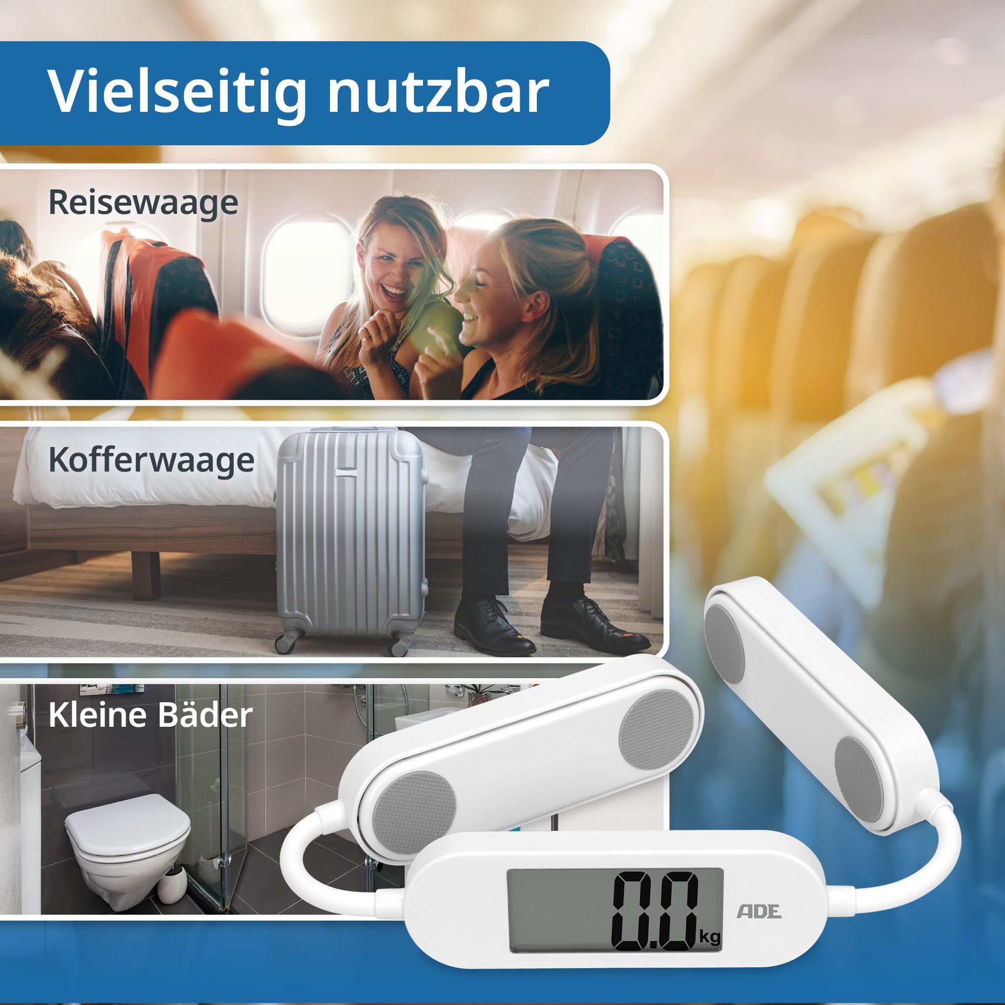 ADE Faltbare Reisewaage | digitale Personenwaage mit 180 kg Tragkraft in 100-g-Schritten | präzise Körperwaage mit LCD-Display