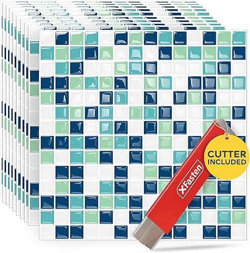 XFasten 10 azulejos cuadrados para despegar y pegar para cocina, 10 unidades de 12 x 12 pulgadas con cortador, azulejo de mosaico cuadrado azul