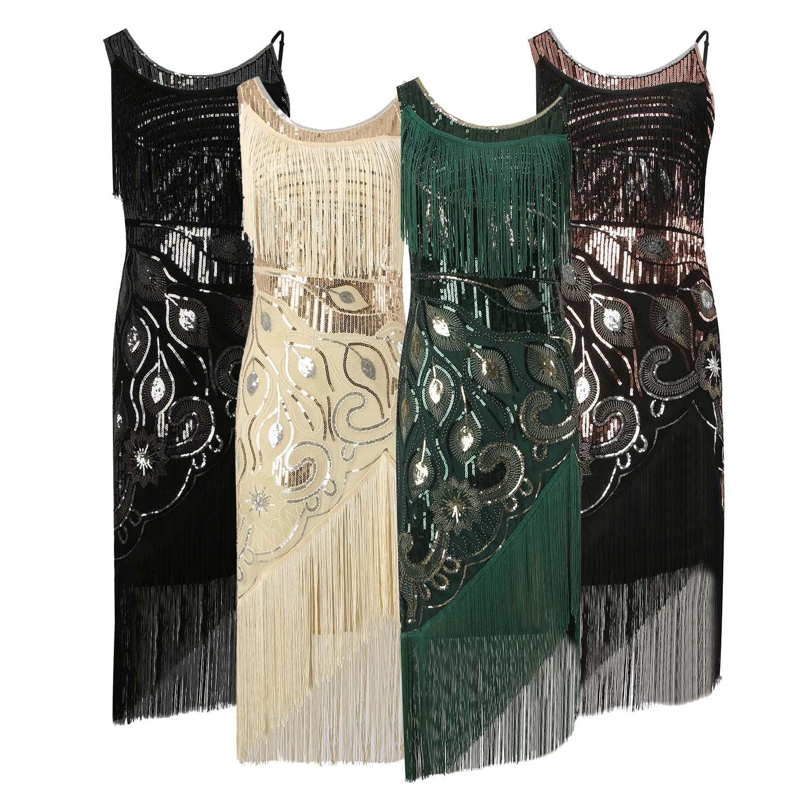 Generisch Robe rétro des années 1920 pour femme - Avec deux couches de pompons - Robe de soirée Charleston avec paillettes et col en V - Robe de soirée à thème des années 20