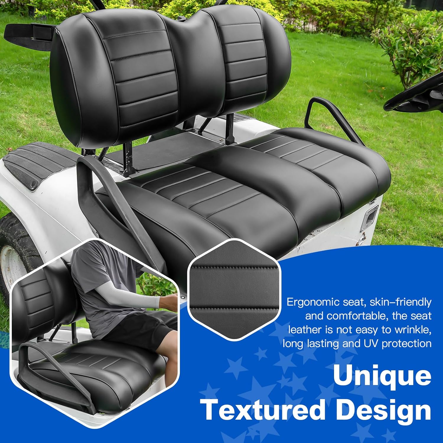 NOKINS Golf Cart Premium Seat Cushion Kit,Seat Back & Seat Bottom Cushion Assembly (Black, Fits EZGO TXT/RXV)
