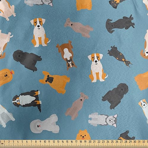 Miniatura 662 de Lunarable - Tela para amantes de perros de The Yard, patrón divertido de animales de dibujos animados en posiciones caprichosas estirando y Beige y