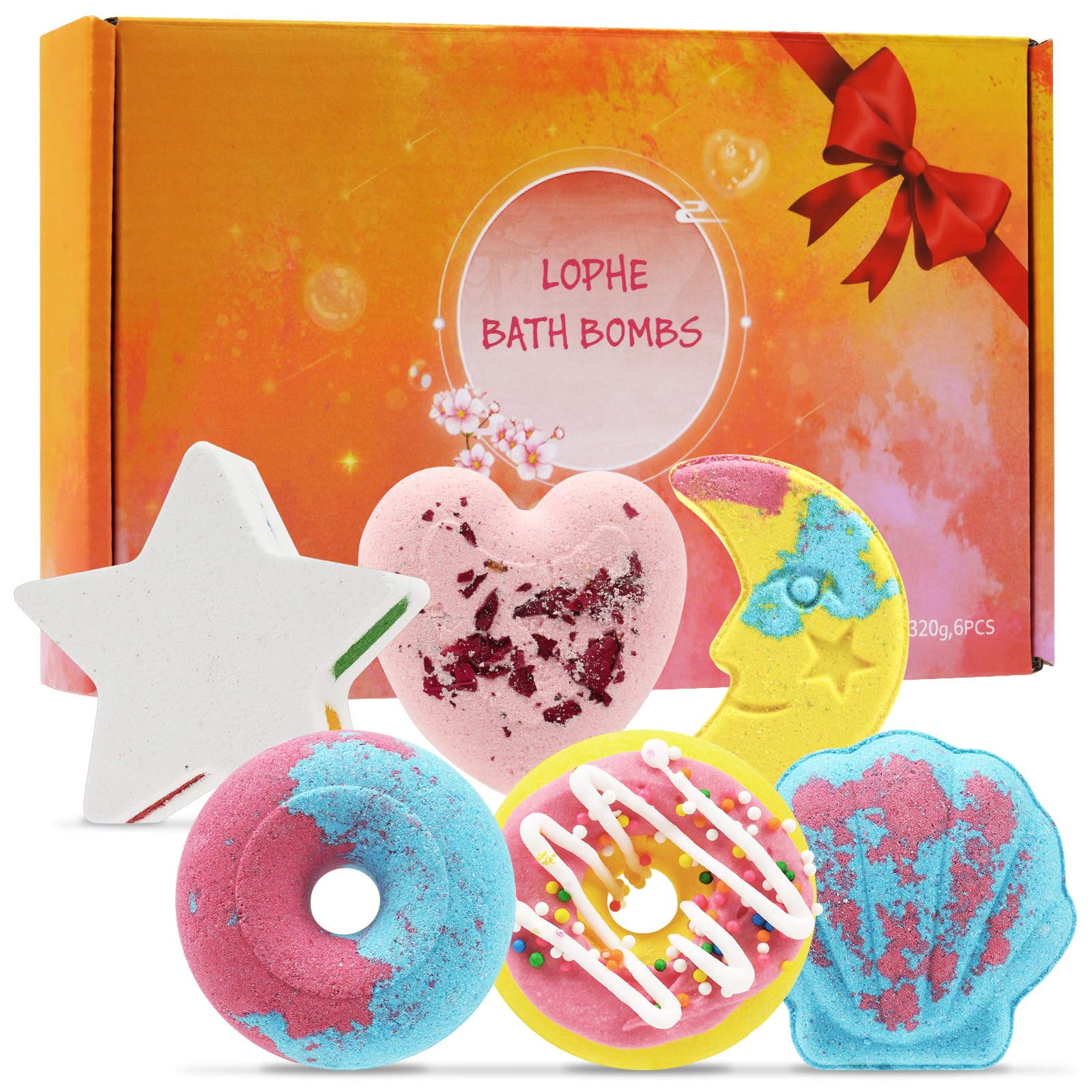 LOPHE Bombes de Bain,6 pcs Coffret Cadeau Boules de Bain, Bombes de Bain Moussant aux Huiles Essentielles, Végétalien et Sans Cruauté, Cadeaux pour CadeauFille,Fete des Meres,la Saint Valentin,Noël