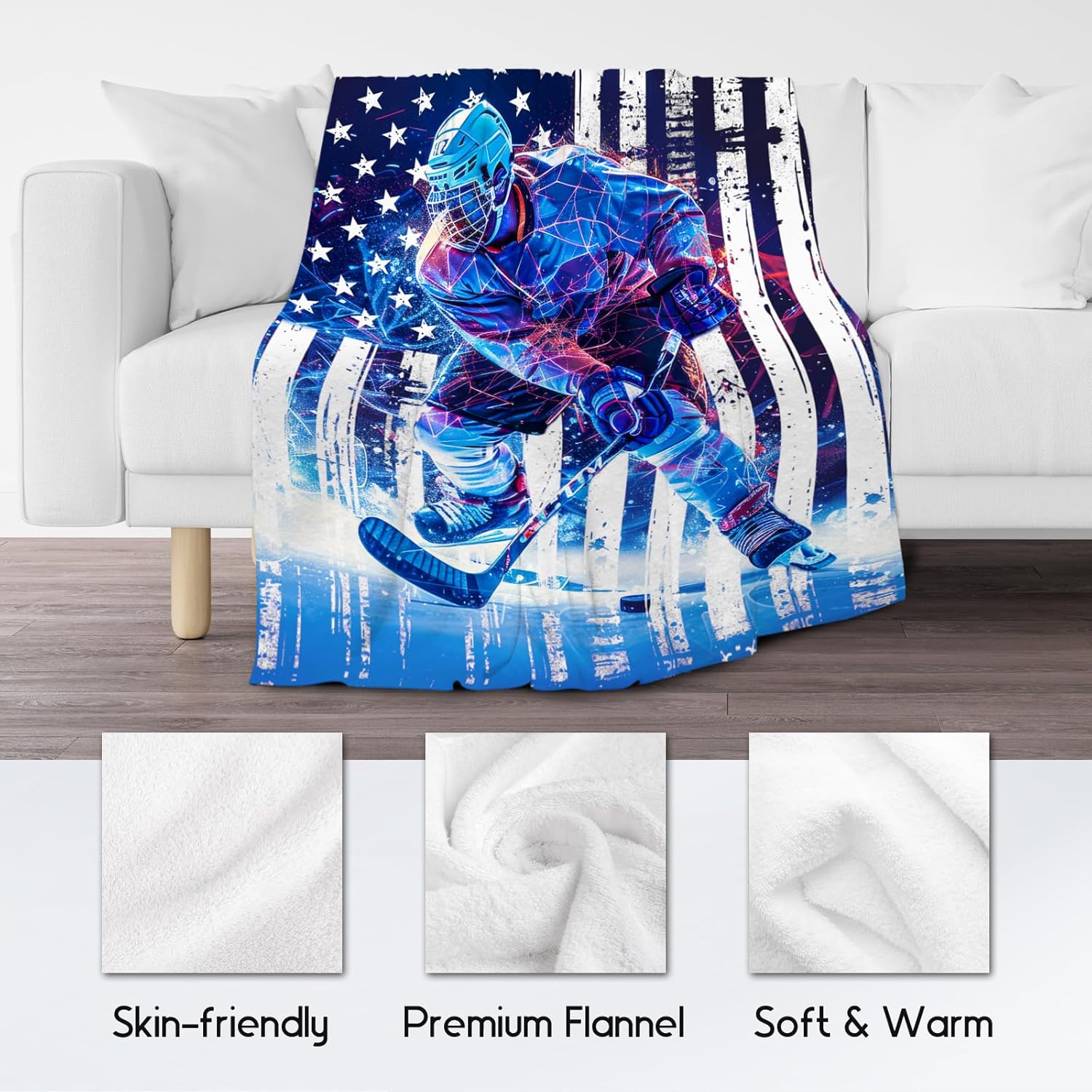 Hockey Blanket, Boys Blankets for Kids, Ice Hockey Gifts for Sports Lovers, Cozy Flannel Throw for Adults Room Decor, 60"x80"