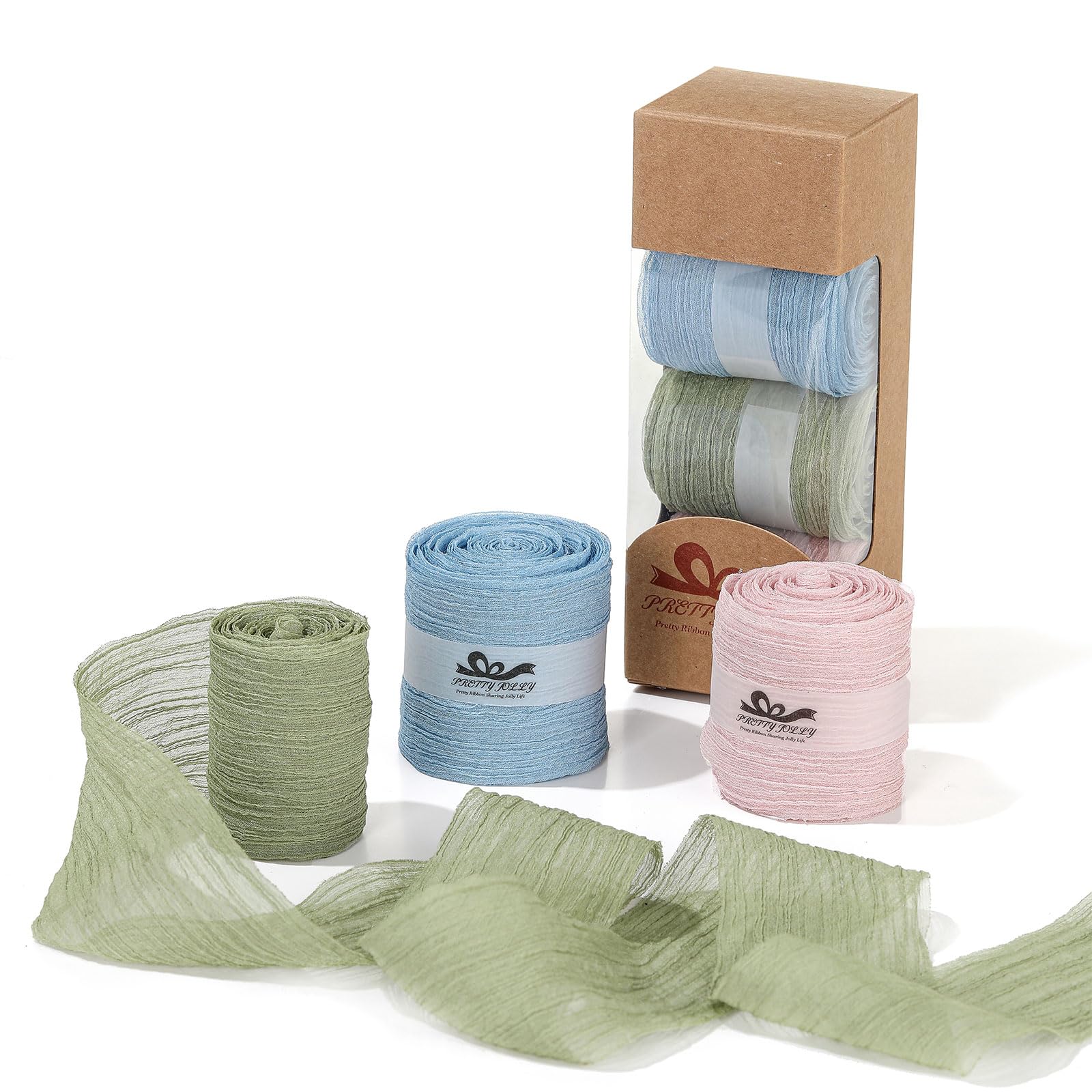 Pretty Jolly Crinkle Chiffon Ribbon for Flower Bouquet 2 Inch Pink Blue Green Tulle Ribbon for Gift Wrapping Handmade Silk Ribbon 9 Yard Double Faced Ribbons for Crafts Hair Wedding Baby Shower