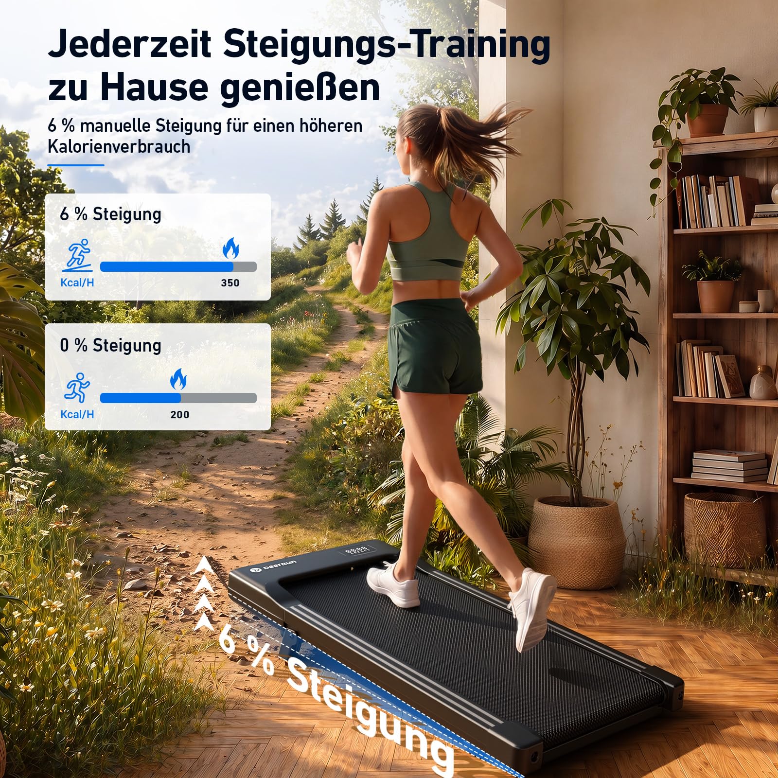 DeerRun Walking Pad mit 6% Steigung, Laufband für Zuhause und Home Office mit App, LED Anzeige und Fernbedienung bis 136 kg