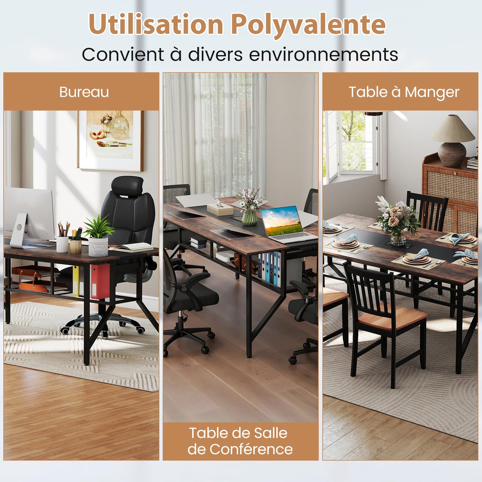 COSTWAY Table de Conférence pour 8 Personnes, Table de Réunion Rectangulaire avec Étagère de Rangement en Maille et Passe-câble, Bureau de Séminaire Industrielle avec Cadre Métallique pour Bureau