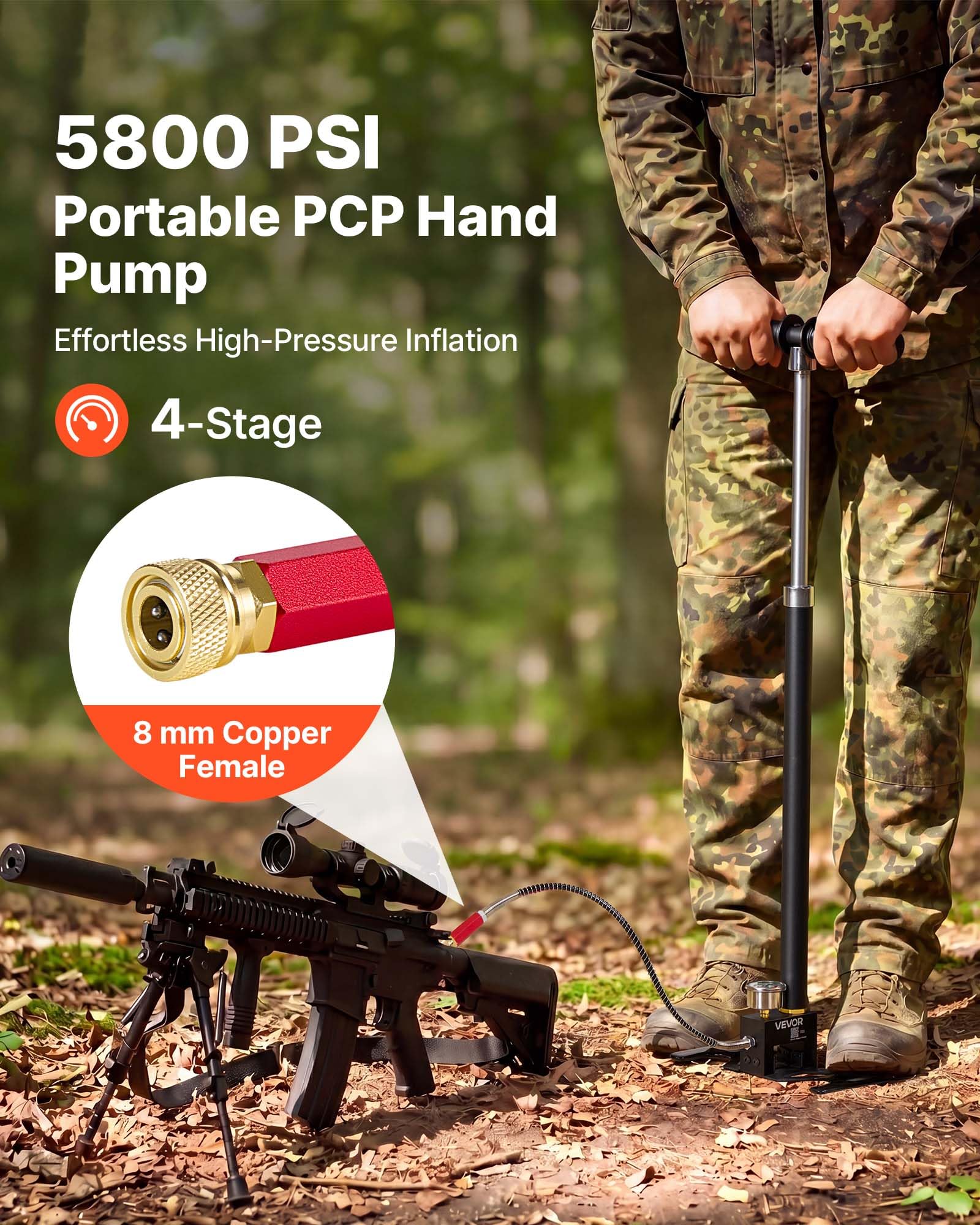 VEVOR PCP-Handpumpe 4-stufig, Hochdruckpumpe bis 40 MPa, Standpumpe mit Öl-Wasser-Filter, Manometer und Edelstahlgehäuse, für Luftgewehre, Paintball, Reifenbefüllung und Schlauchboote Schwarz