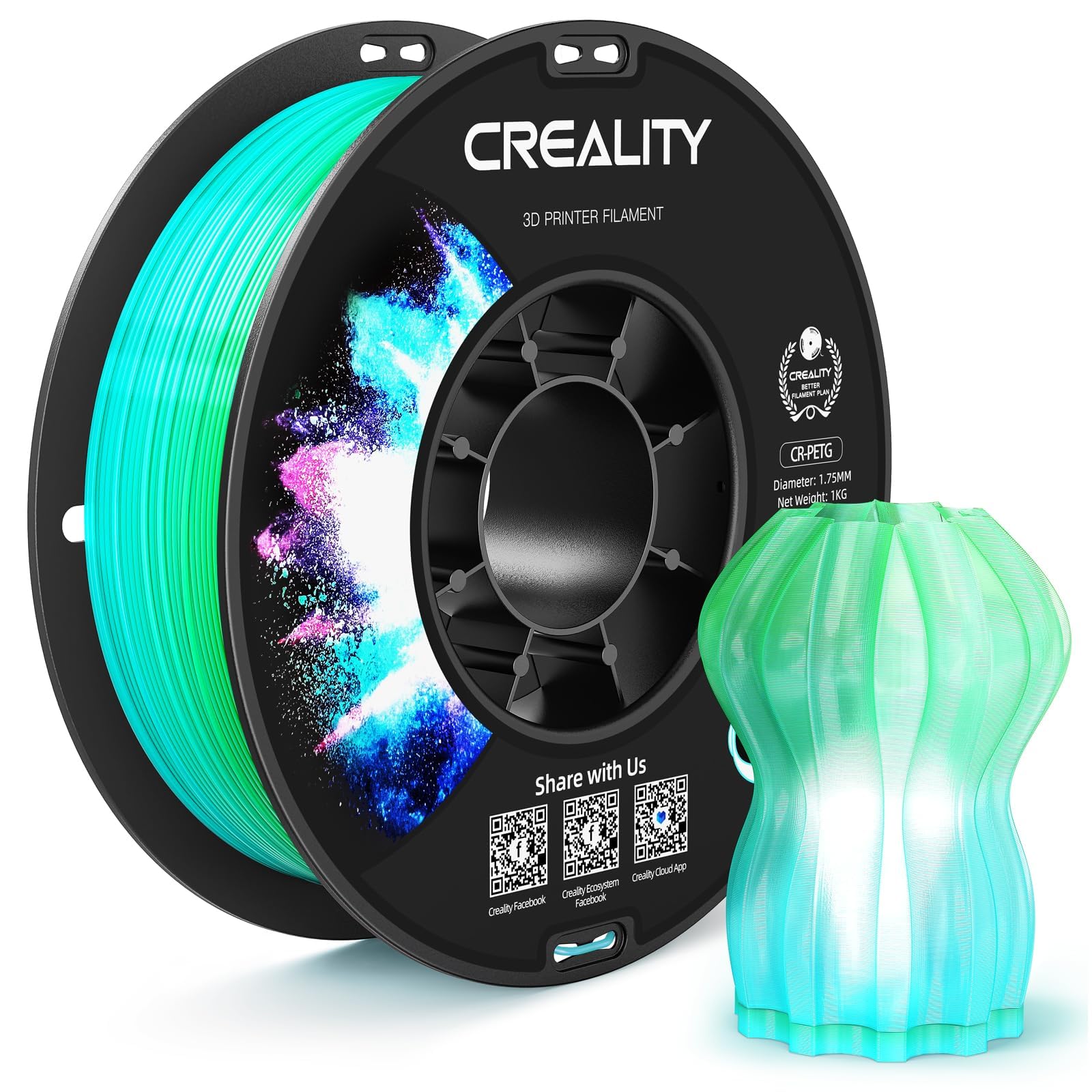 CREALITY PETG Filament 1.75mm 3D Printer Filament, Translucent Dual Color Gradient Blue to Green, 1kg (2.2lb) Neatly Wound Spool, Dimensional Accuracy ±0.03mm, Gradient Blue Green