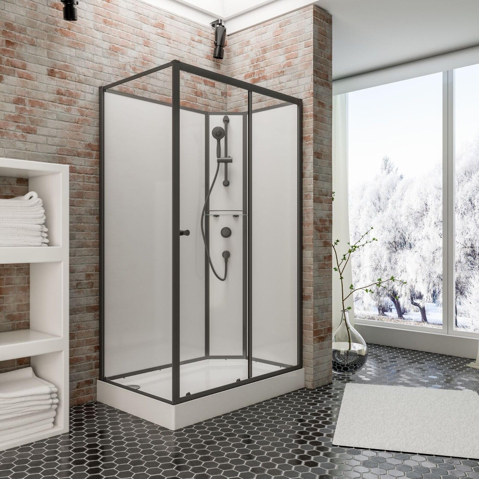 Schulte Komplettdusche Ibiza – Duschtempel 120 x 80 cm, 5 mm ESG, matte Profile Schwarz, weiße Rückwände