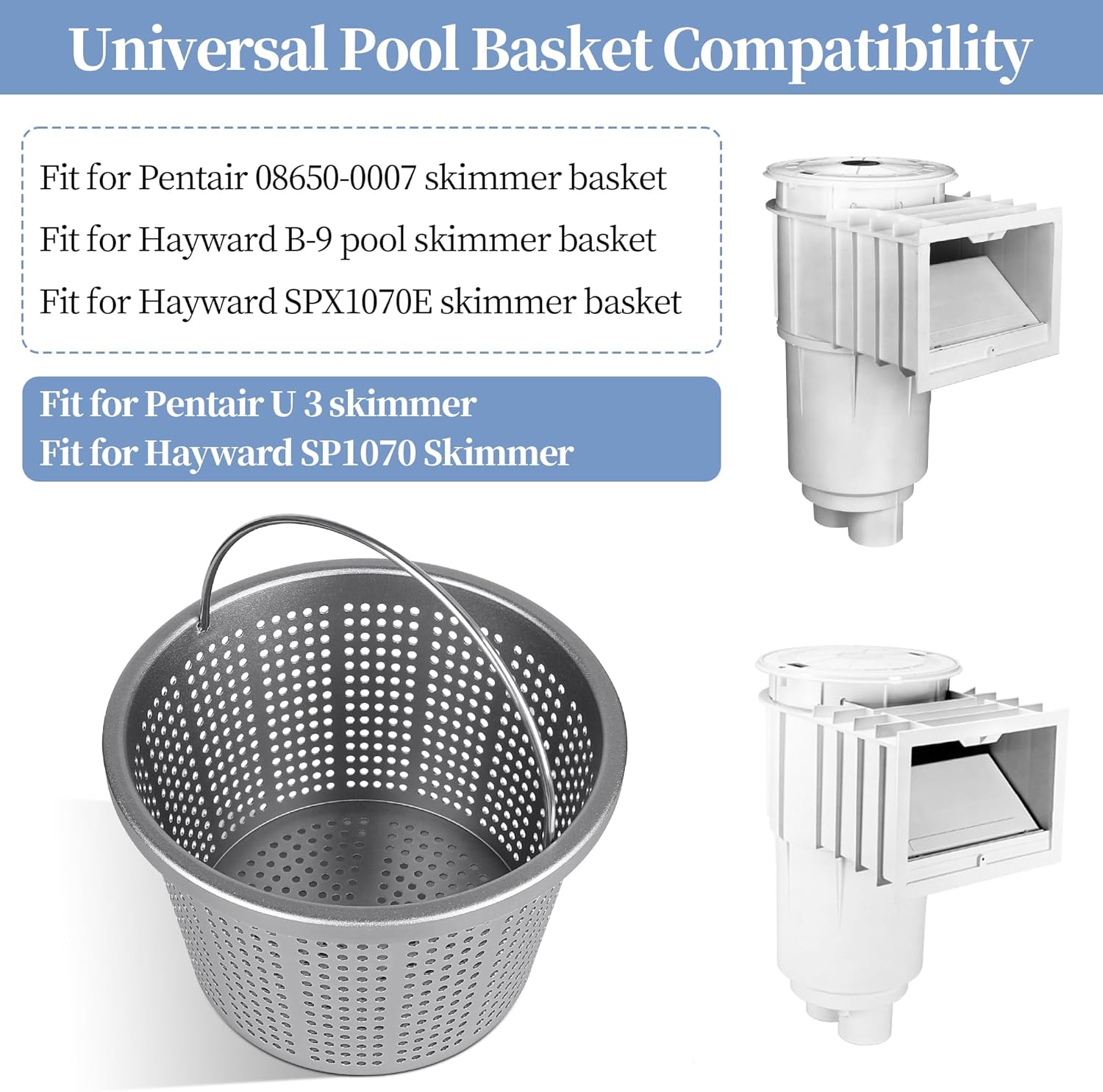 Aluminum Pool Skimmer Basket Replacement Compatible with Pen-tair U-3 & Hayward SP1070, Heavy-Duty Inground Pool Basket with 316 Stainless Steel Comfort Grip Handle