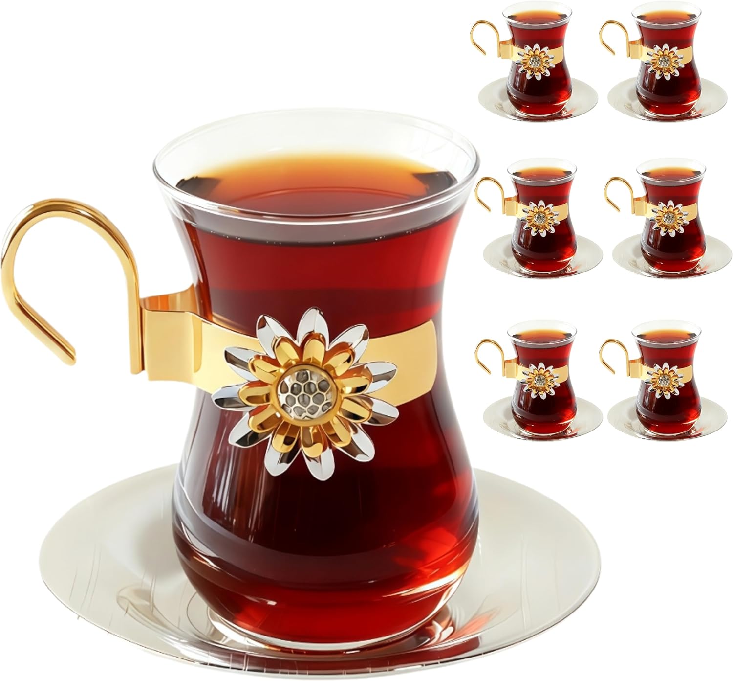 Turkish tea set of 12,turkish tea cups,Slim Waist Design and Thick Sole Prevent the Tea From Getting Cold, 6 Saucers 6 Glasses, Coffee Glasses, Luxurious Moroccan Tea Set