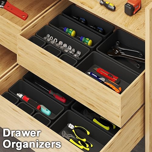 Miniatura 7 de Juego de bandejas organizadoras de cajones de escritorio, 16 cubos organizadores de cajones de plástico para oficina, maquillaje, cocina,