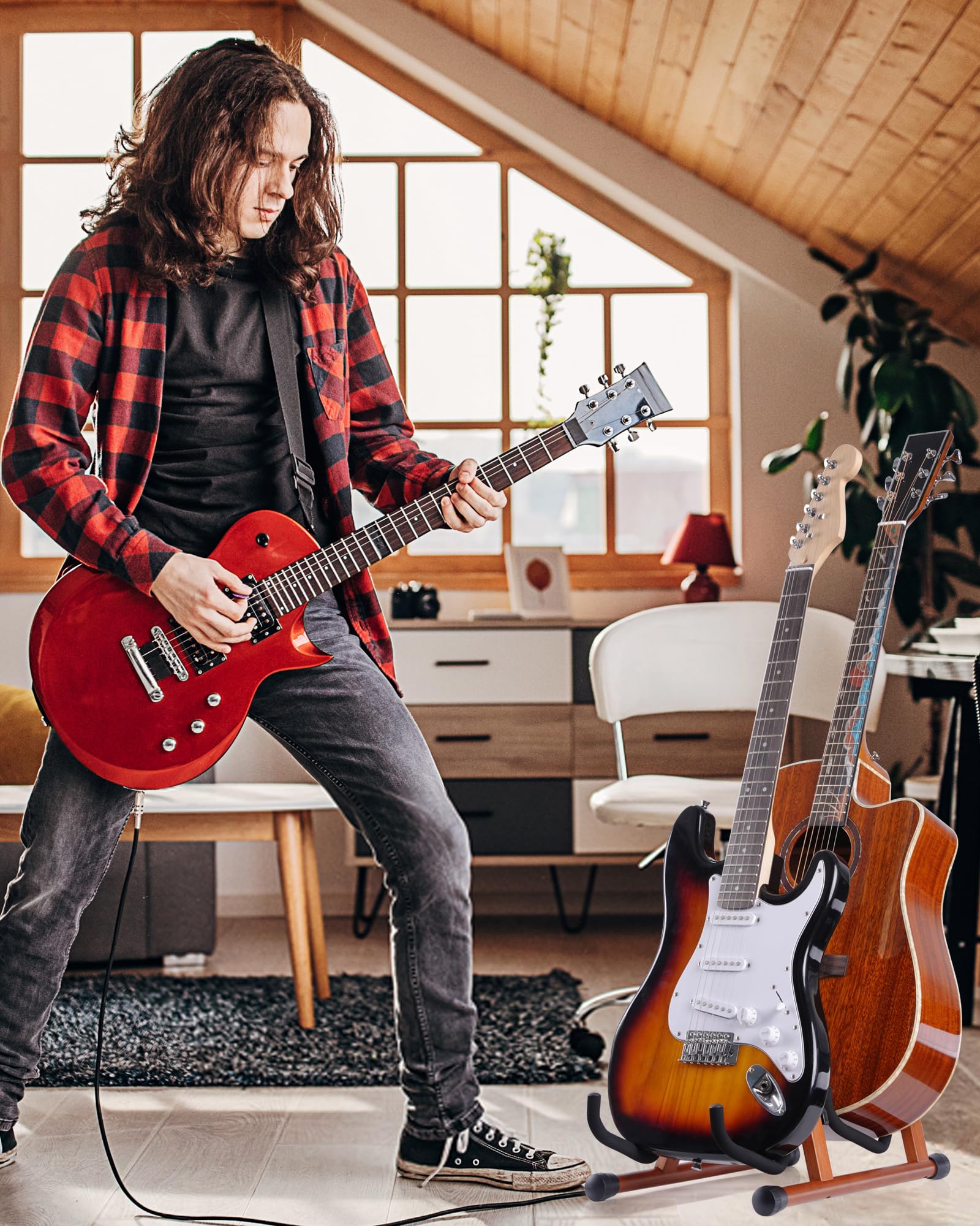Double support de guitare en forme de A pour 2 guitares (acoustique/basse/banjo) avec rembourrage en mousse – Support de sol solide pour studio et maison