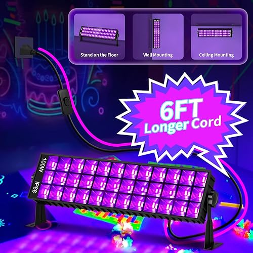 Miniatura 6 de Paquete de 3 barras de luz negra mejoradas de 100 W, luz de inundación de luz negra con 104 LED enchufe+interruptor+cable de alimentación de 5 pies,