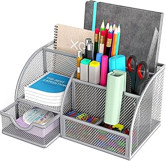 Handcuffs Desk Organizer Metal Mesh Pen And Pencil Storage Box With 6 Compartments | Stationary | Supplies | Holder | Study | Table Organiser | Office | Accessories (Grey) - image, photos