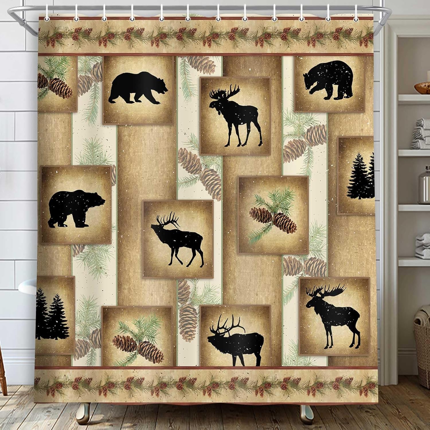 MERCHR Rustic Shower Curtain, Cute Bear Deer and Forest Design, Country Style Wildlife Animal Art Vintage Farmhouse Lodge Cabin Cloth Shower Curtains Bathroom Accessories, 71X78 Inches