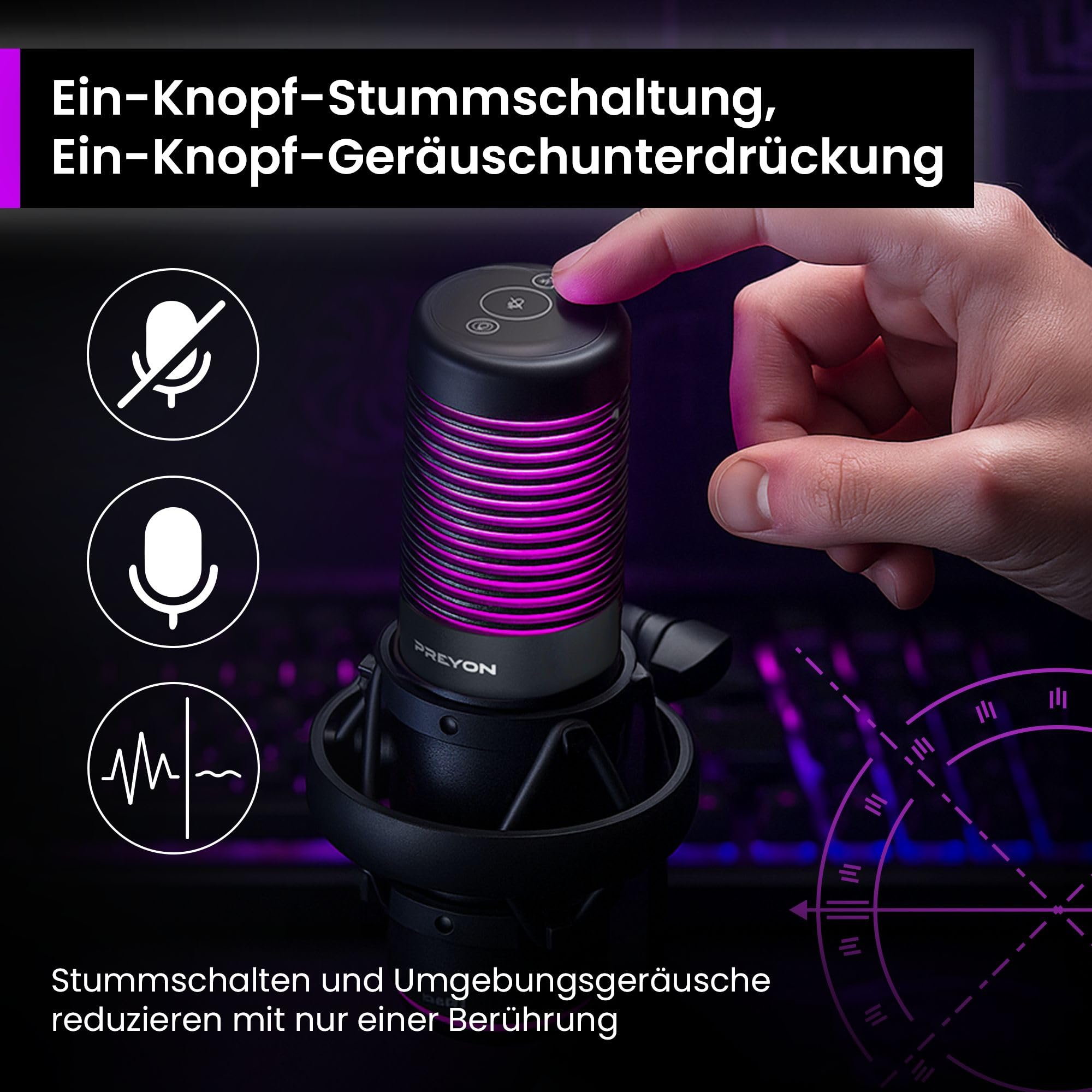PREYON Gaming Mikrofon PC mit Arm USB Microphone - Podcast Streaming Studio Laptop Stand Mic Zubehör Tischmikrofon RGB Kondensator Stummschaltung Standmikrofon Cardioid Omnidirektional – Schwarz