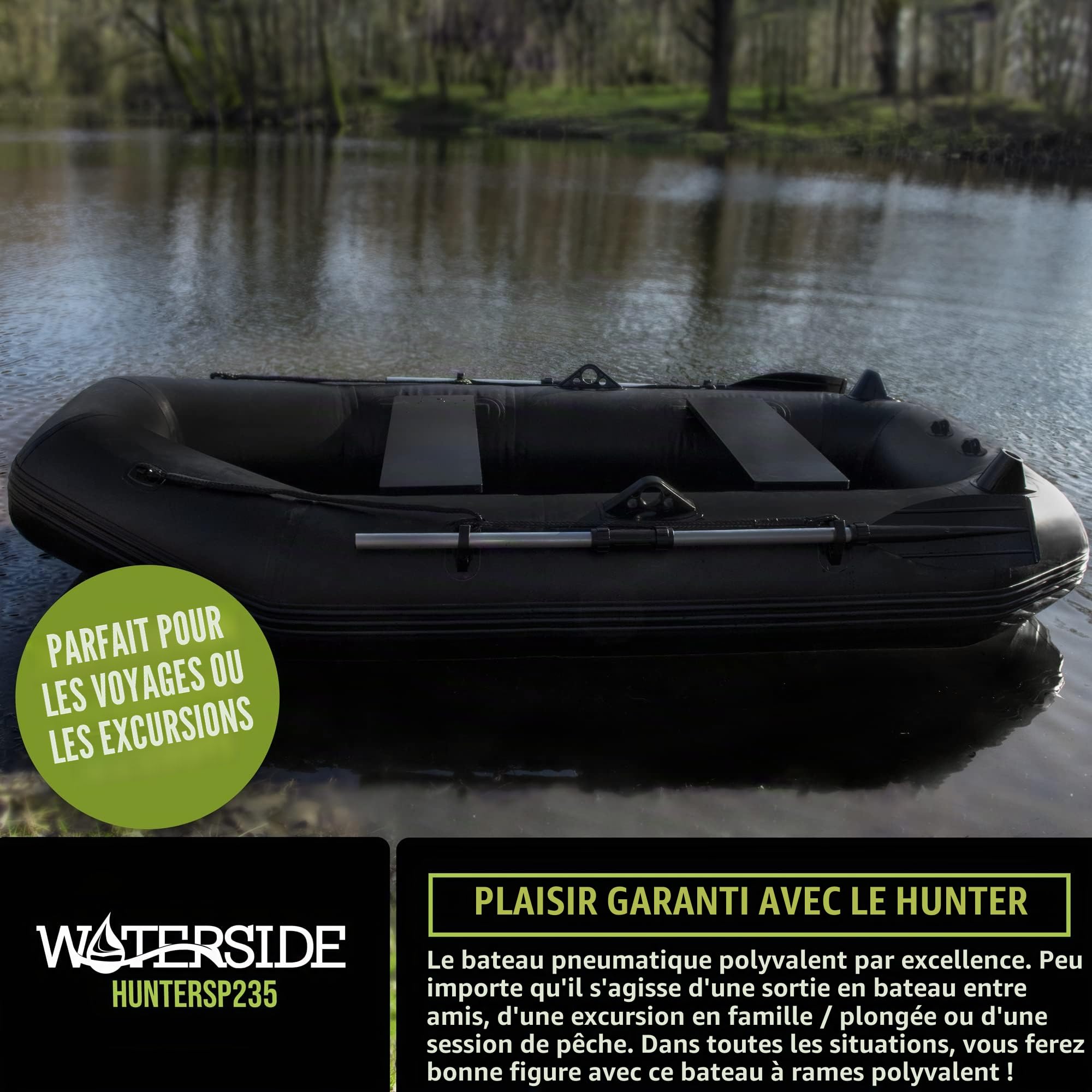 Waterside Hunter SP 235 Bateau gonflable 230 cm jusqu'à 210 kg avec pagaie et pompe | PVC de 0,7 mm - Charge maximale : 210 kg - Poids net : 15 kg - Avec pagaie et pompe