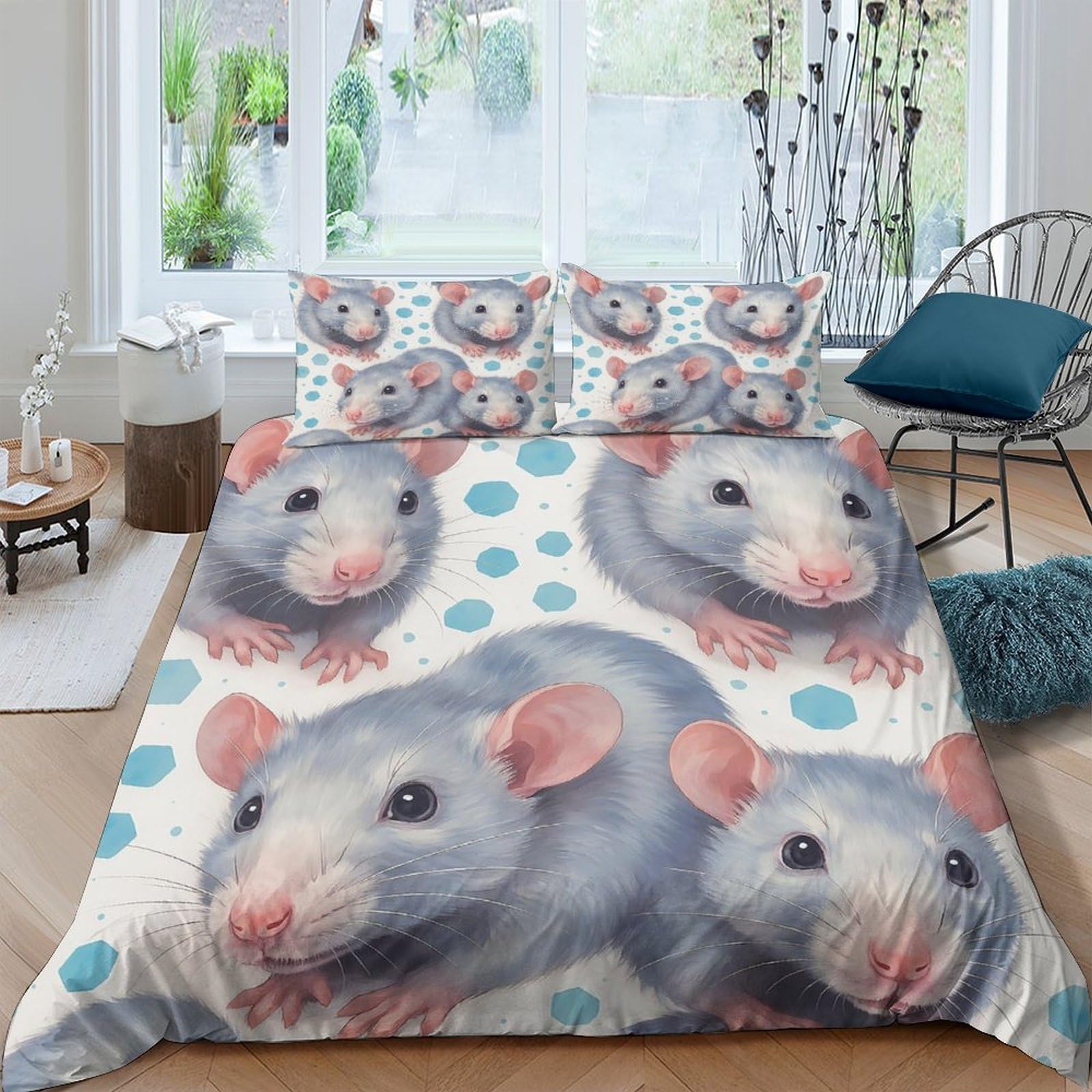 GPLZQXKJNH 3D Printed Rat Animal Pattern Duvet Cover Microfiber Soft Breathable Mouse Bedding Set with 2 Pillowcases for Bedroom Decor Single（135x200cm）