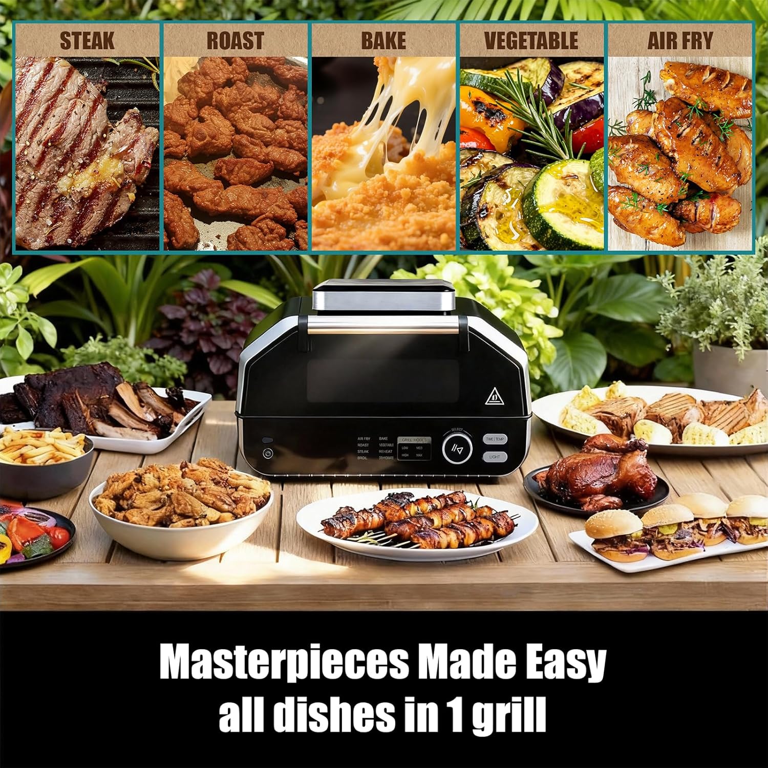 NEWBULIG Electric Grill Outdoor, Electric 8-in-1 BBQ Grills with Air Fryer, Roast, Steak, Broil, Bake, Vegetables, Reheat, Dehydrate, 140°F-450°F, 1550W, for Barbecue, Camping Gatherings