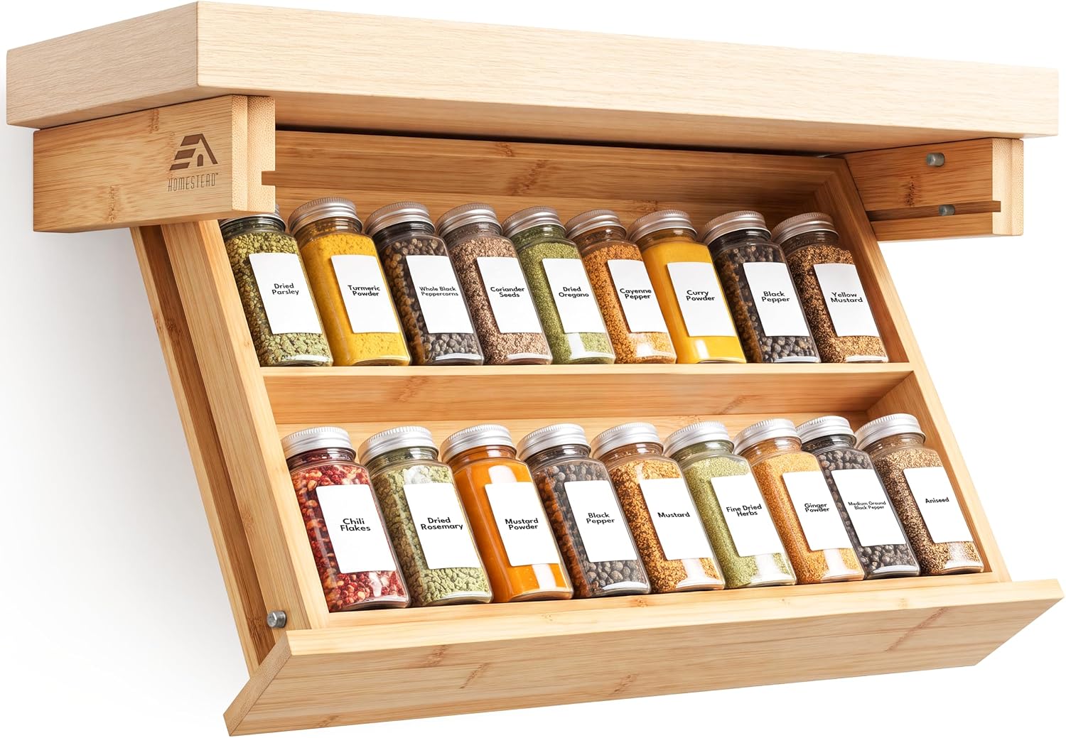 HOMESTEAD Under Cabinet Spice Rack Organizer, Pull Down 2 Tier Bamboo Shelf