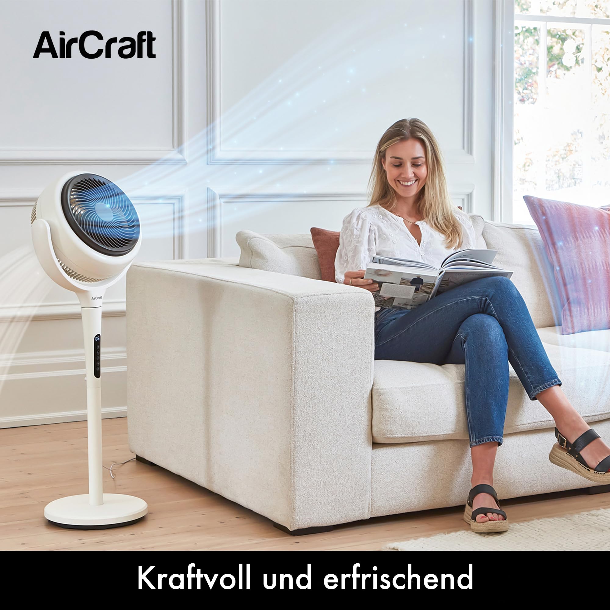 AirCraft Home, Lume Ventilator mit Fernbedienung und LED-Hintergrundbeleuchtung, Ultra-leiser 3D Luftzirkulator, Höhenverstellbarer Tisch- und Standventilator mit Timer und 3 Modi