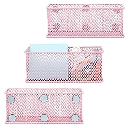 EASEPRES Magnetic Pencil Holder Set of 3 - Wire Mesh Storage Baskets Organizer with Strong Magnets - Perfect for Whiteboard, Refrigerator and Locker Accessories, Pink