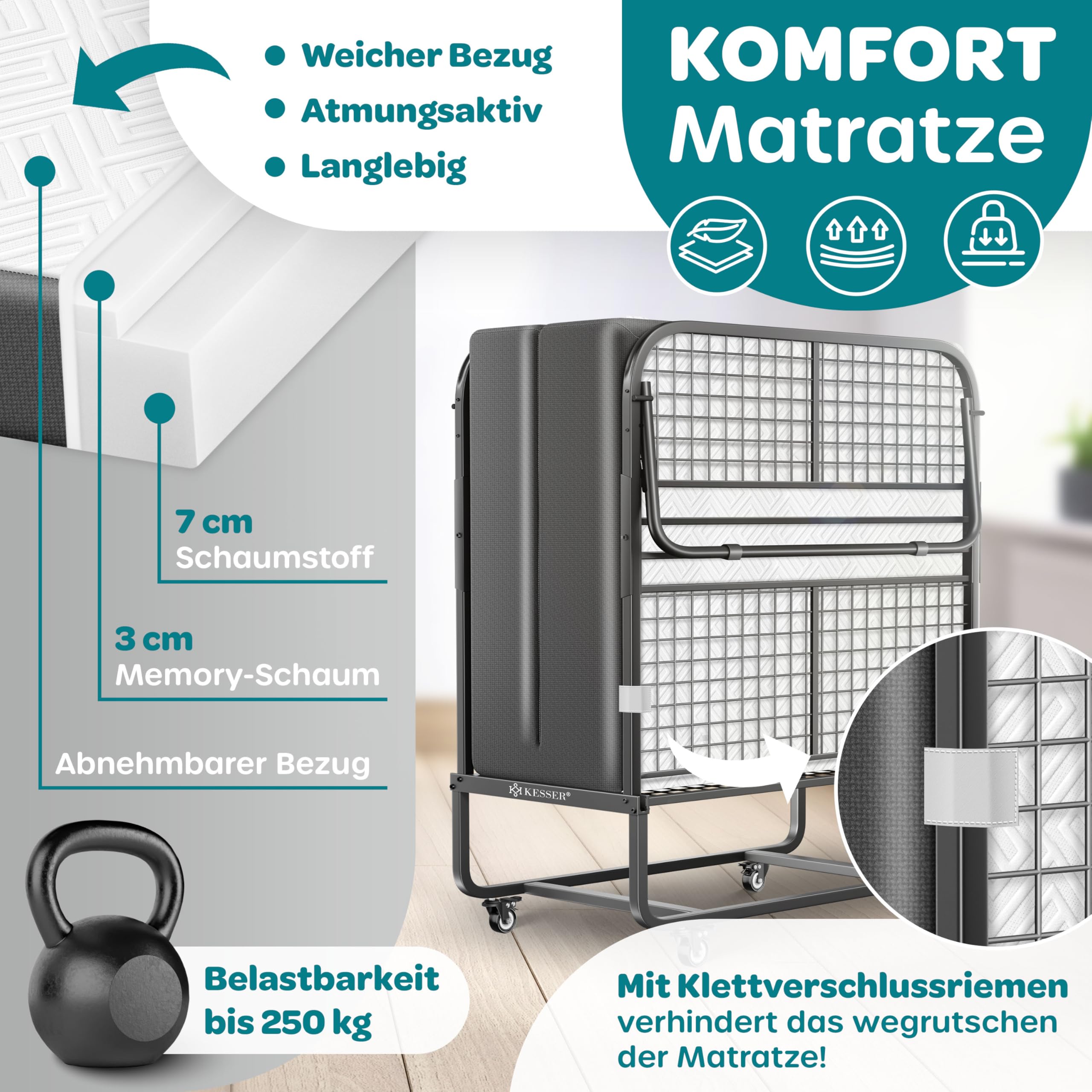 KESSER® Letto pieghevole 200 x 90 cm, con materasso in memory foam e ruote, letto da viaggio pieghevole con telaio in metallo, portata fino a 250 kg, letto in metallo con materasso in schiuma e