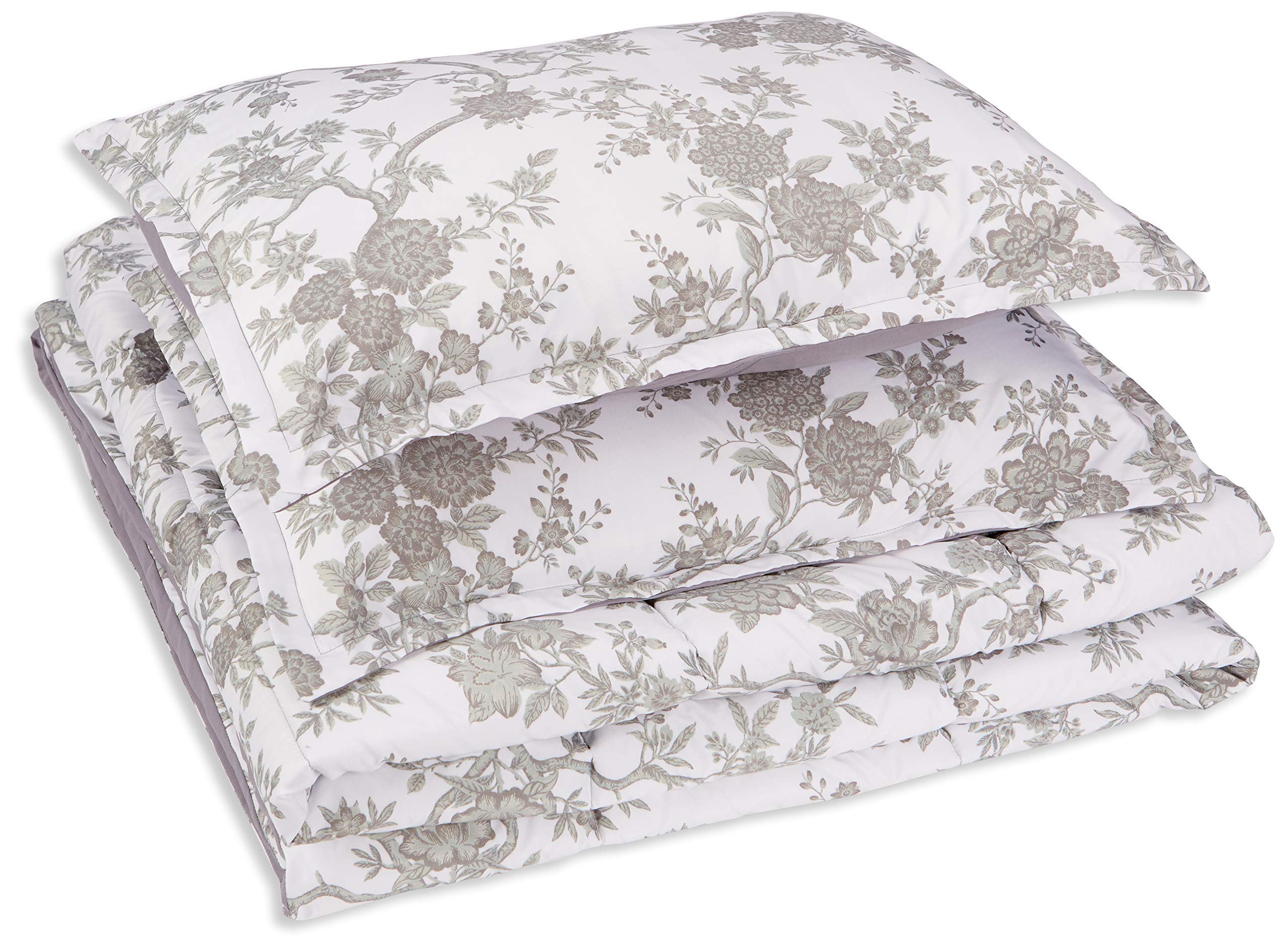 Amazon Basics Reversible Comforter Set, Full / Queen, Grey Chinoiserie, Microfiber, Ultra-Soft