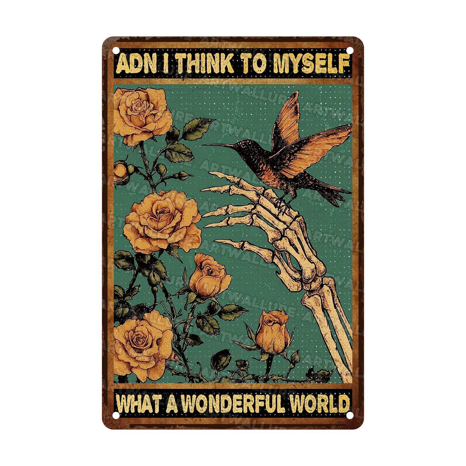 Hummingbird Vintage Sign What a Wonderful World Metal Tin Sign Gothic Skull Hummingbird Sign for Home Coffee Garden Wall Decor 8x12Inch