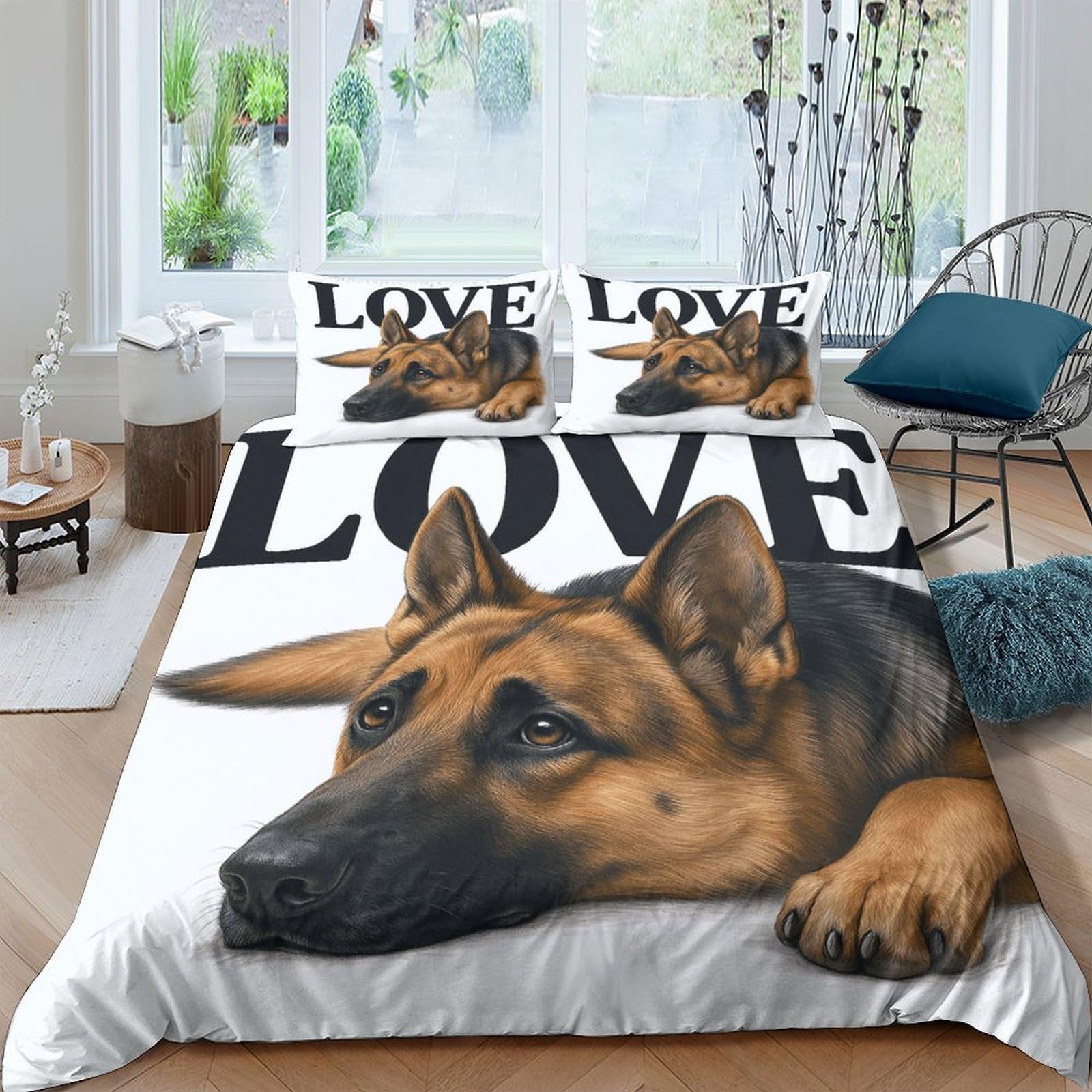 TUFRTGYHN 3D Printed German Shepherd Dog Duvet Cover Microfiber Soft Breathable Love Bedding Set with 2 Pillowcases for Bedroom Decor Single（135x200cm）