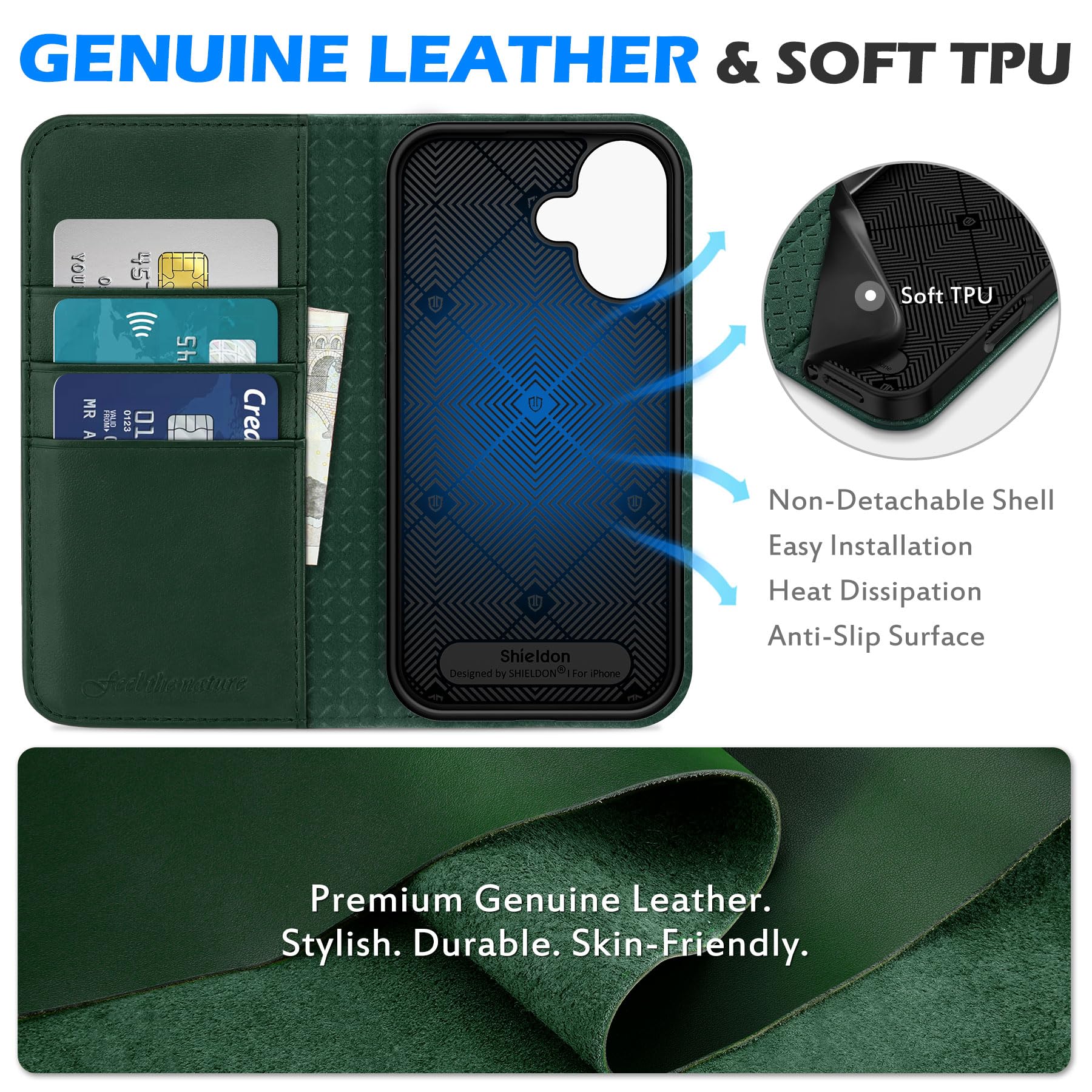 SHIELDON Case For IPhone 16 Pro, Genuine Leather Wallet Case [RFID Blocking][3 Card Slots][TPU Shell] Magnetic Folio Flip Cover With Kickstand Compatible With IPhone 16 Pro 6.3" - Pebbled Black - View #3