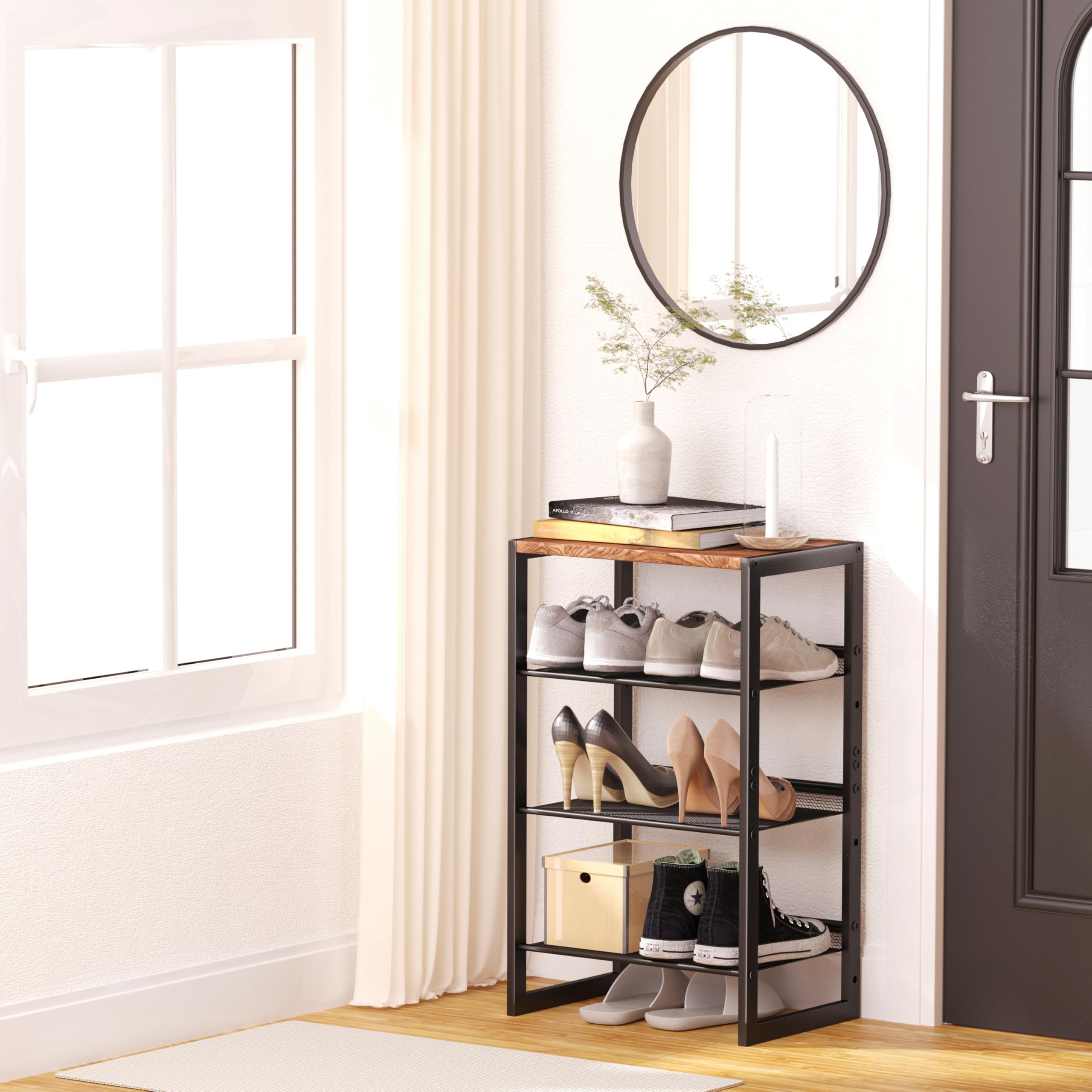 CHEMPFR Schmales Schuhregal mit 4 Ebenen, schmales platzsparendes Regal mit dekorativer Holzplatte und Stahlgeflecht, Eingangs-/Schrank-/Schlafsaal-Organizer, 41 x 30 x 70 cm
