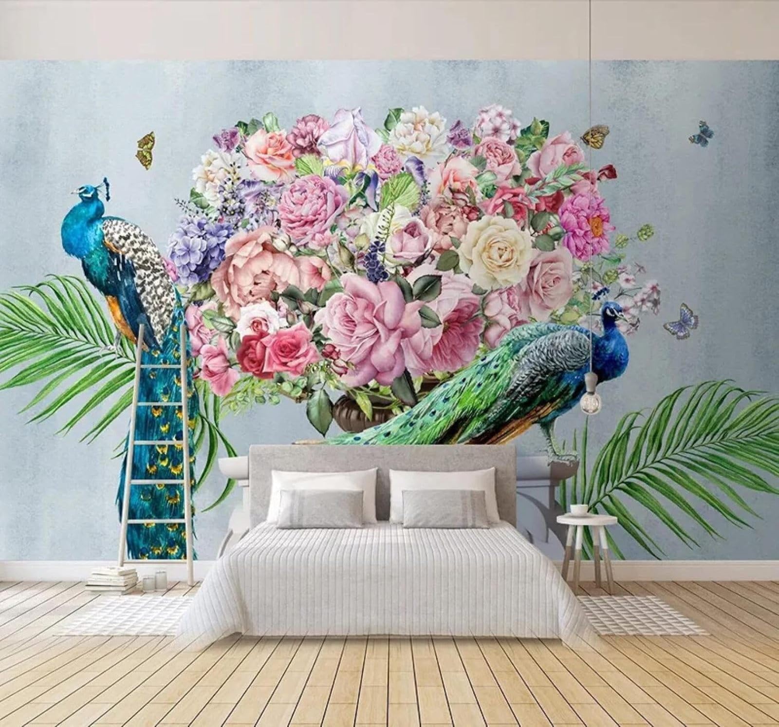 XLMING Vintage Beautiful Peacock Flowers Butterflies 3D Wallpaper Silky Texture Home Study Office Grey Dining Room Sofa Bedroom Living Room TV Backdrop-430cm×300cm