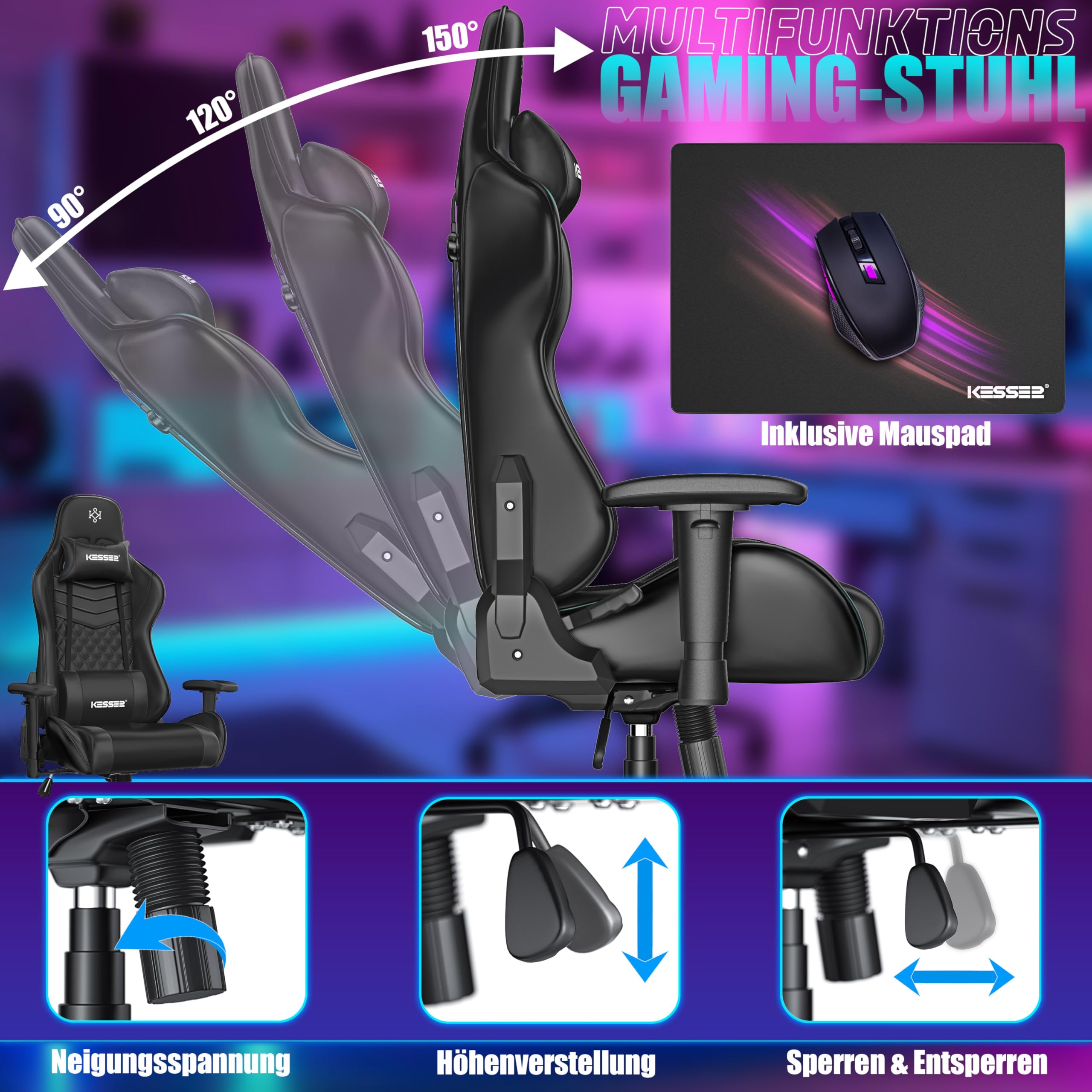 KESSER® Gamingstuhl Ergonomisch Gaming Stuhl Bürostuhl mit Kopfstütze & Lendenkissen | Racing Gamer Stuhl 150kg belastbar | Armlehne 360° | Drehbarer Schreibtischstuhl Gaming Chair + Gummi-Rollen